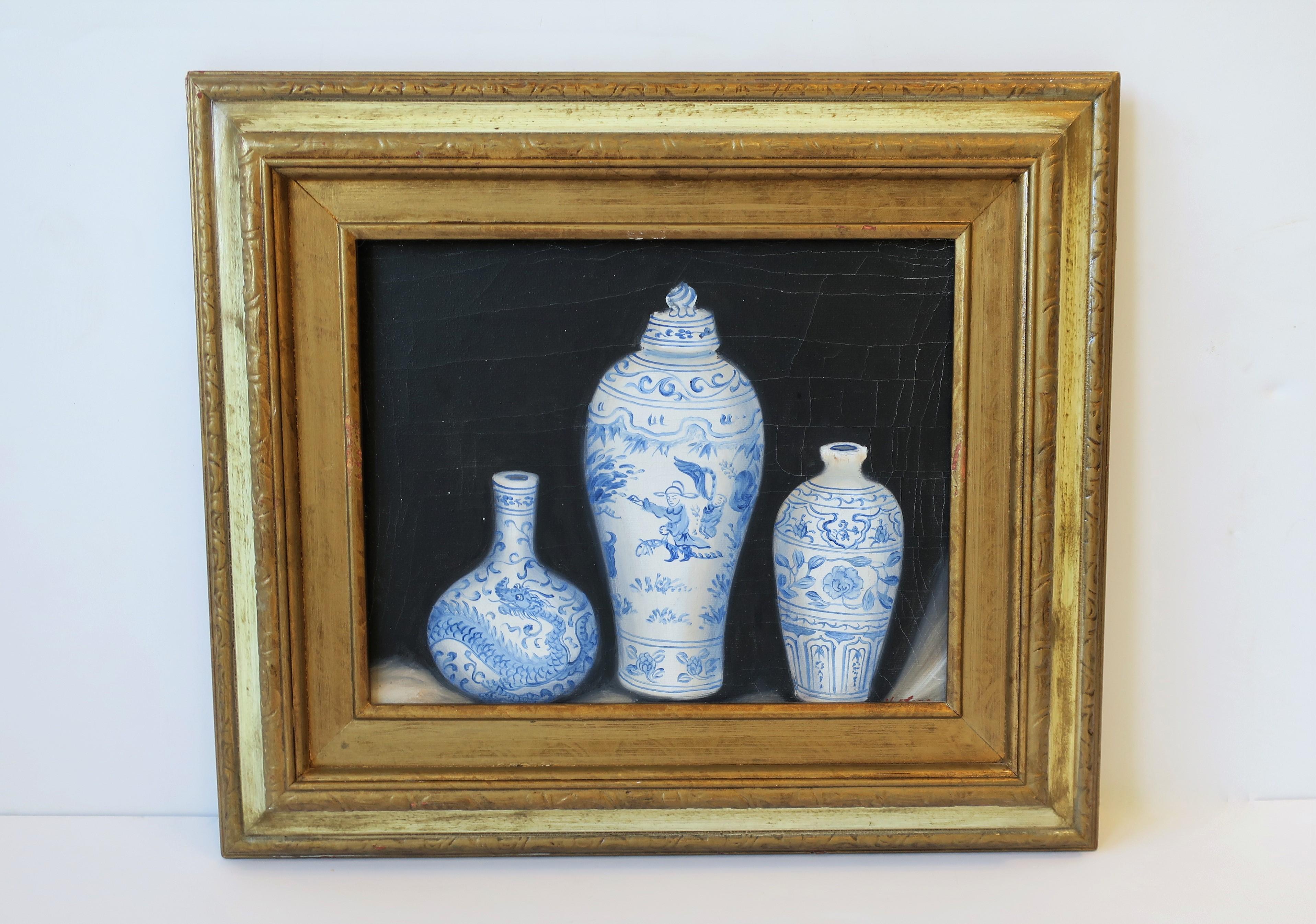 Chinese Blue and White Ceramic Pottery Oil Painting Art with Gold Giltwood Frame 1