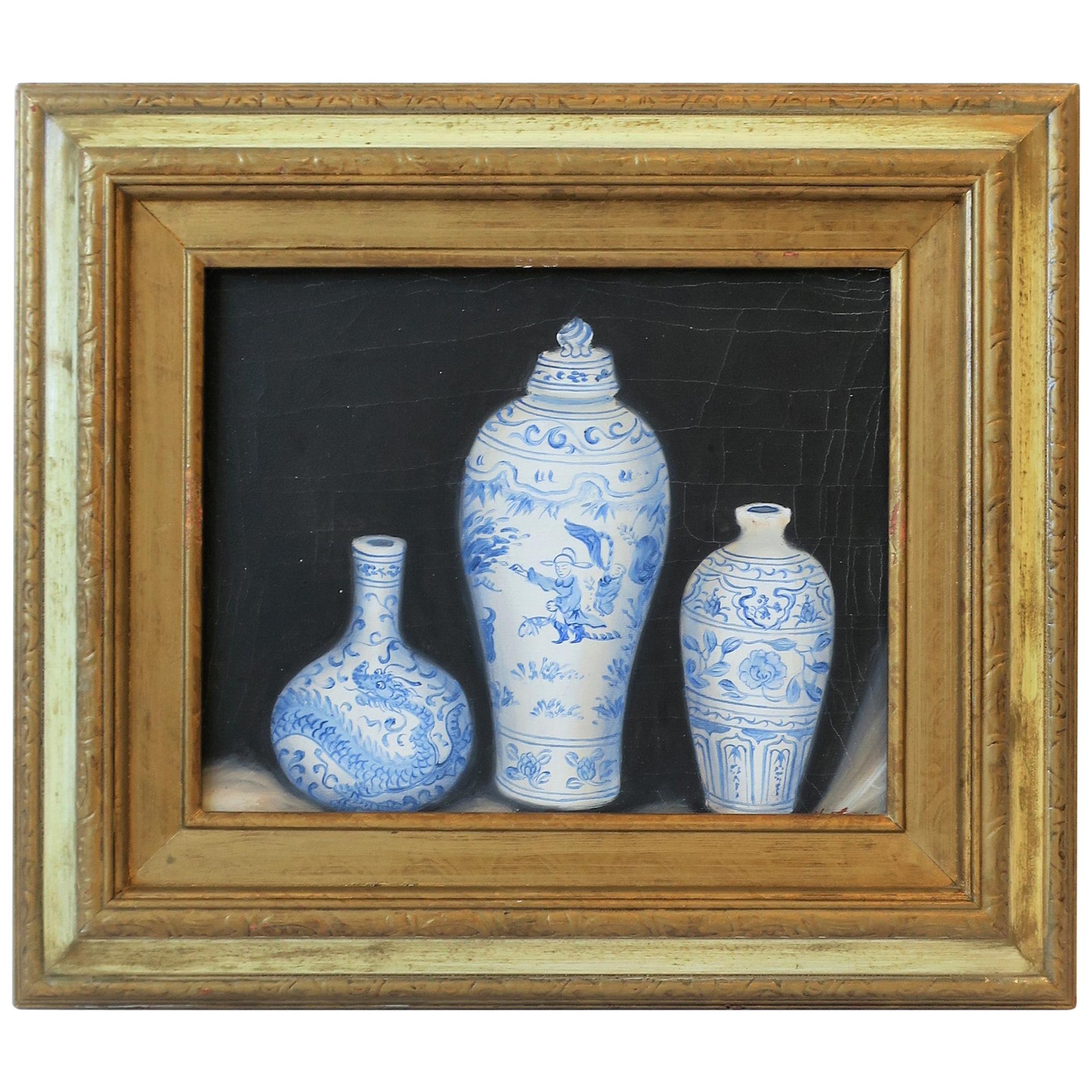Chinese Blue and White Ceramic Pottery Oil Painting Art with Gold Giltwood Frame