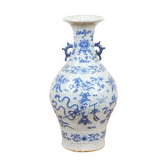 Antique Blue and White Chinese Export Early 20th Century Porcelain Vase with Flowers