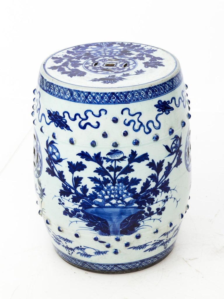 Blue and White Chinese Garden Seat with Bird Motif For Sale at 1stDibs