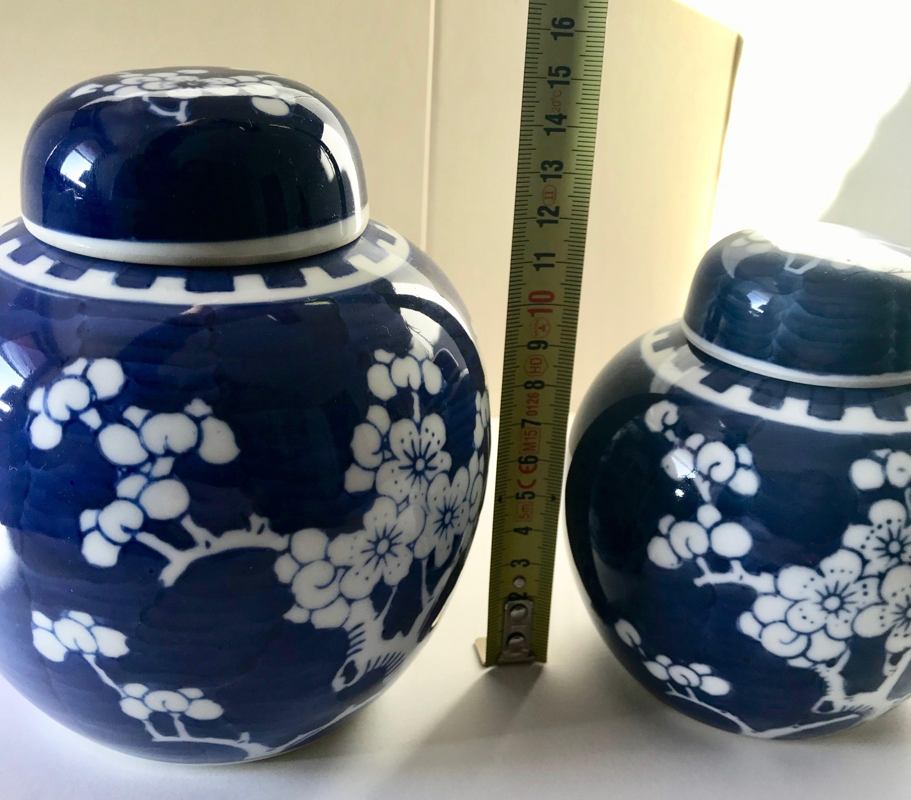 Porcelain Blue and White Chinese Ginger Jars with Lid Set of 2 For Sale