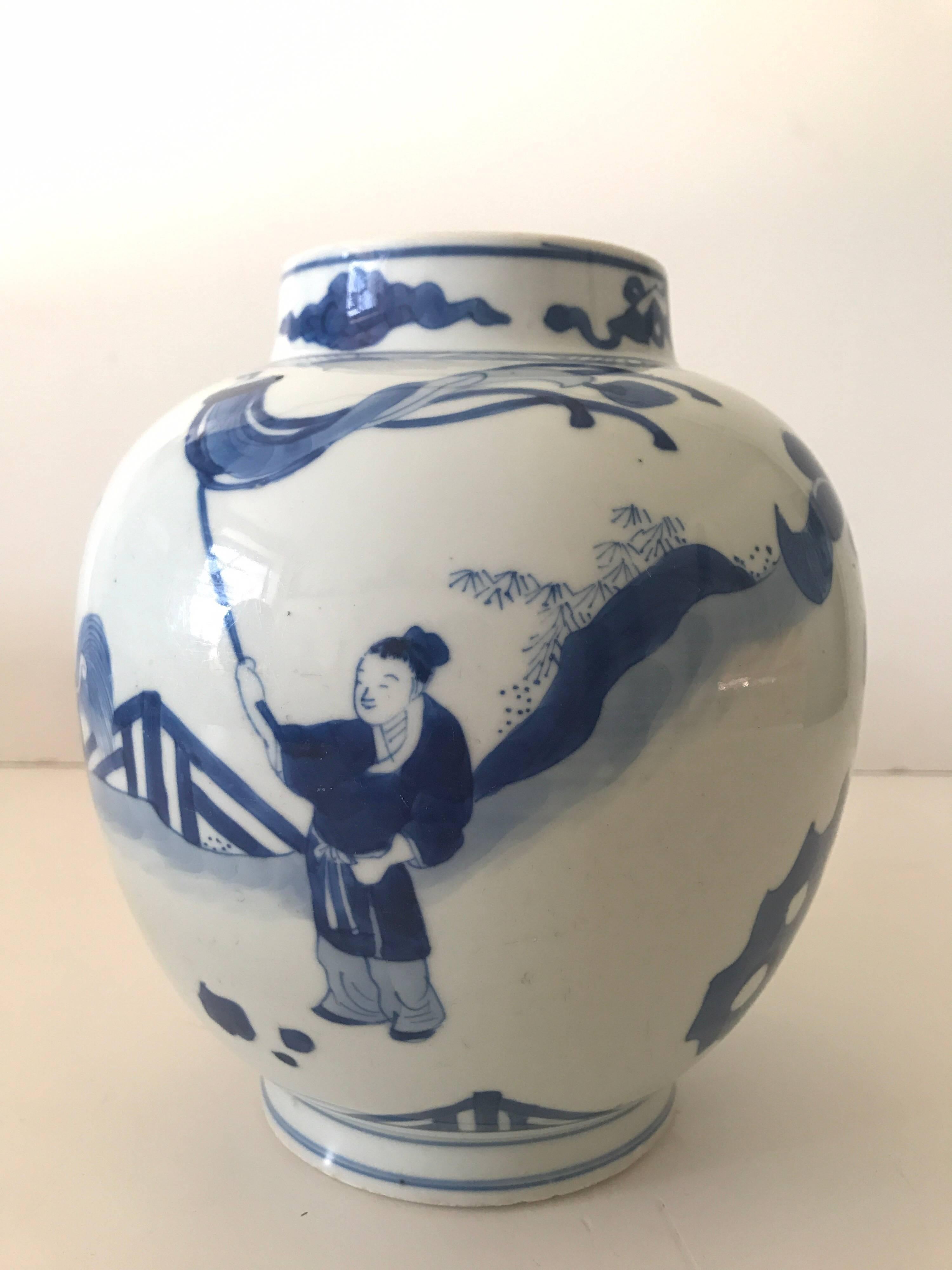 Blue and white Chinese Kangxi period jar.
A very beautiful and rare Kangxi jar depicting a boy riding a Qilin in a garden with two other boys waving flags on each side. This jar has a very good provenance from the well known Swedish art and antique