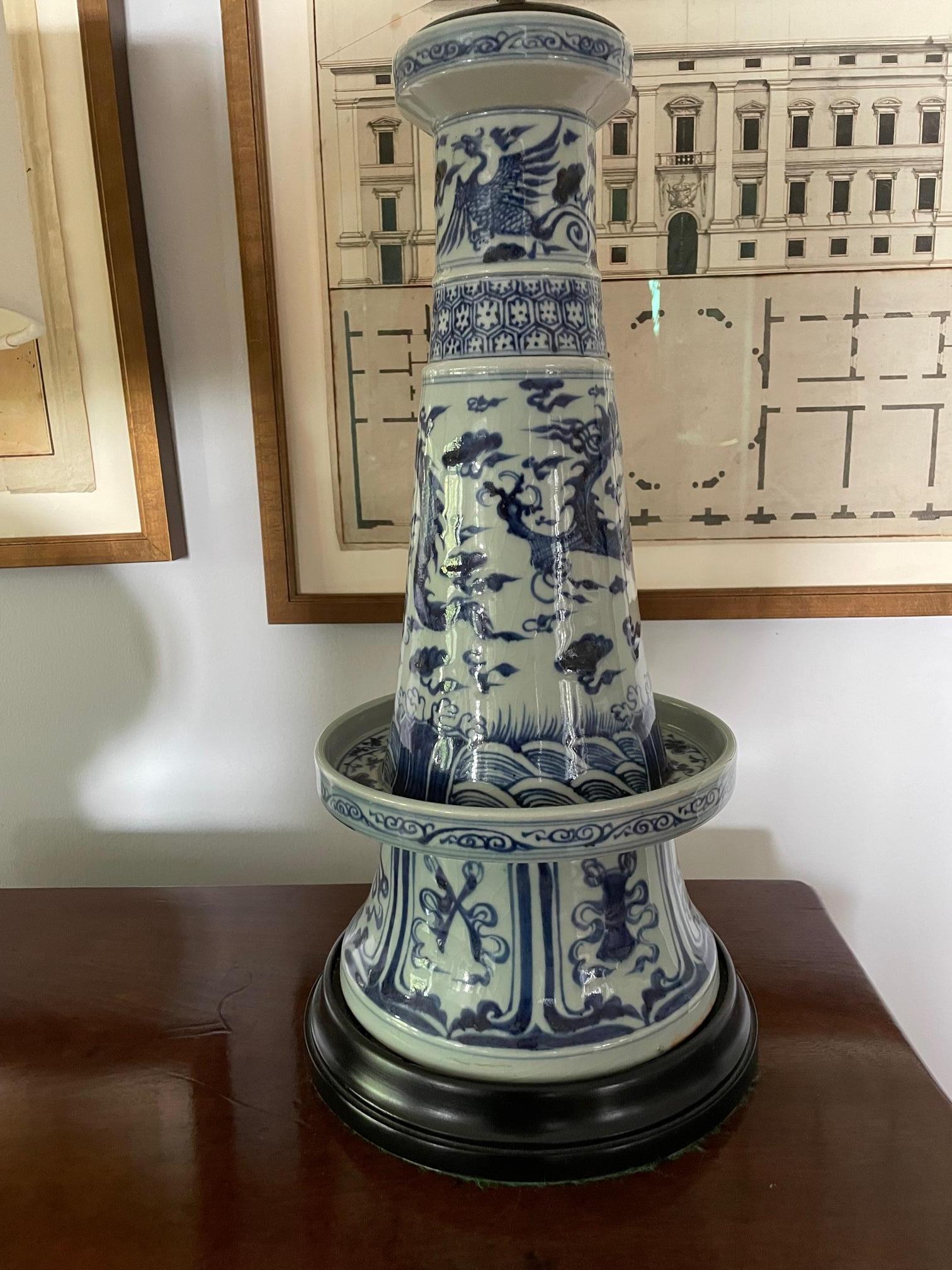 Unusual blue and white Chinese lamp in form of Incense Burner.
Measures: 9