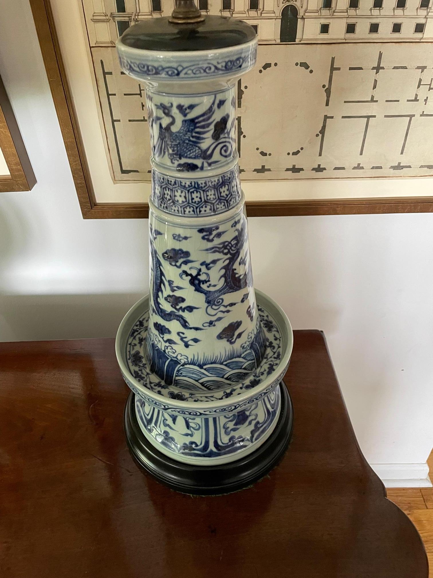 Chinese Export Blue and White Chinese Lamp in Form of Incense Burner For Sale