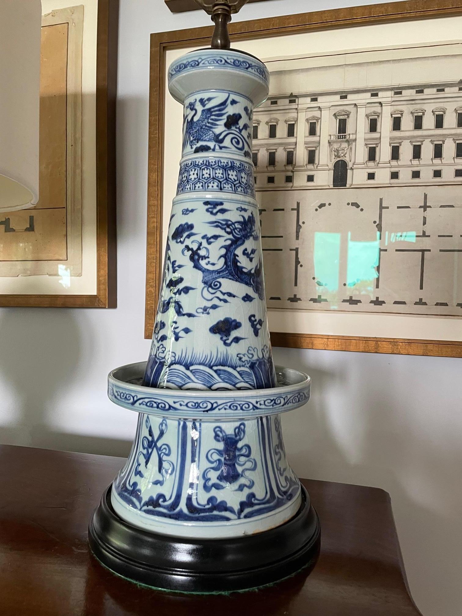 Cast Blue and White Chinese Lamp in Form of Incense Burner For Sale