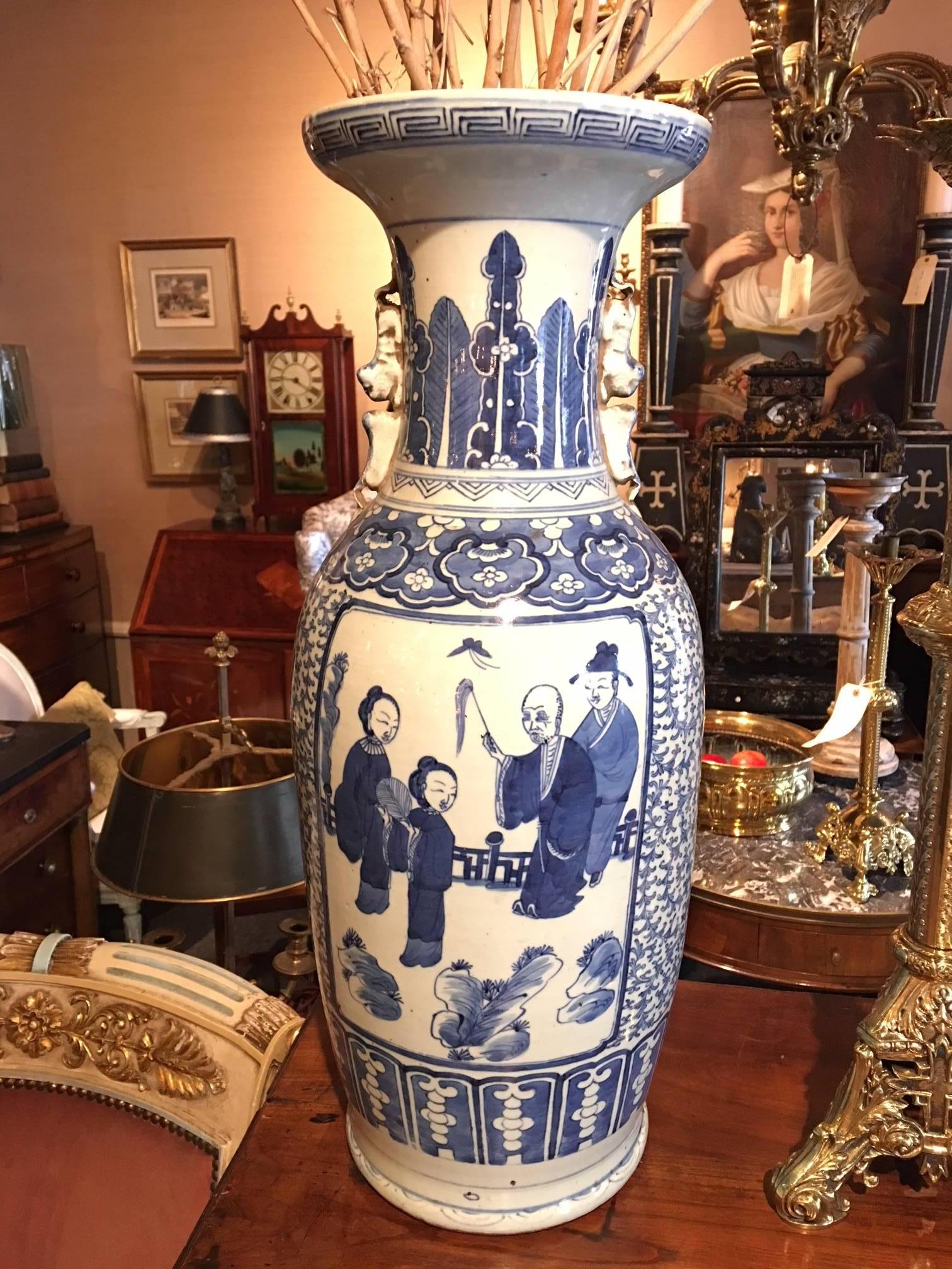 Blue and white Chinese large baluster form vase with different scenes on each side, 20th century.