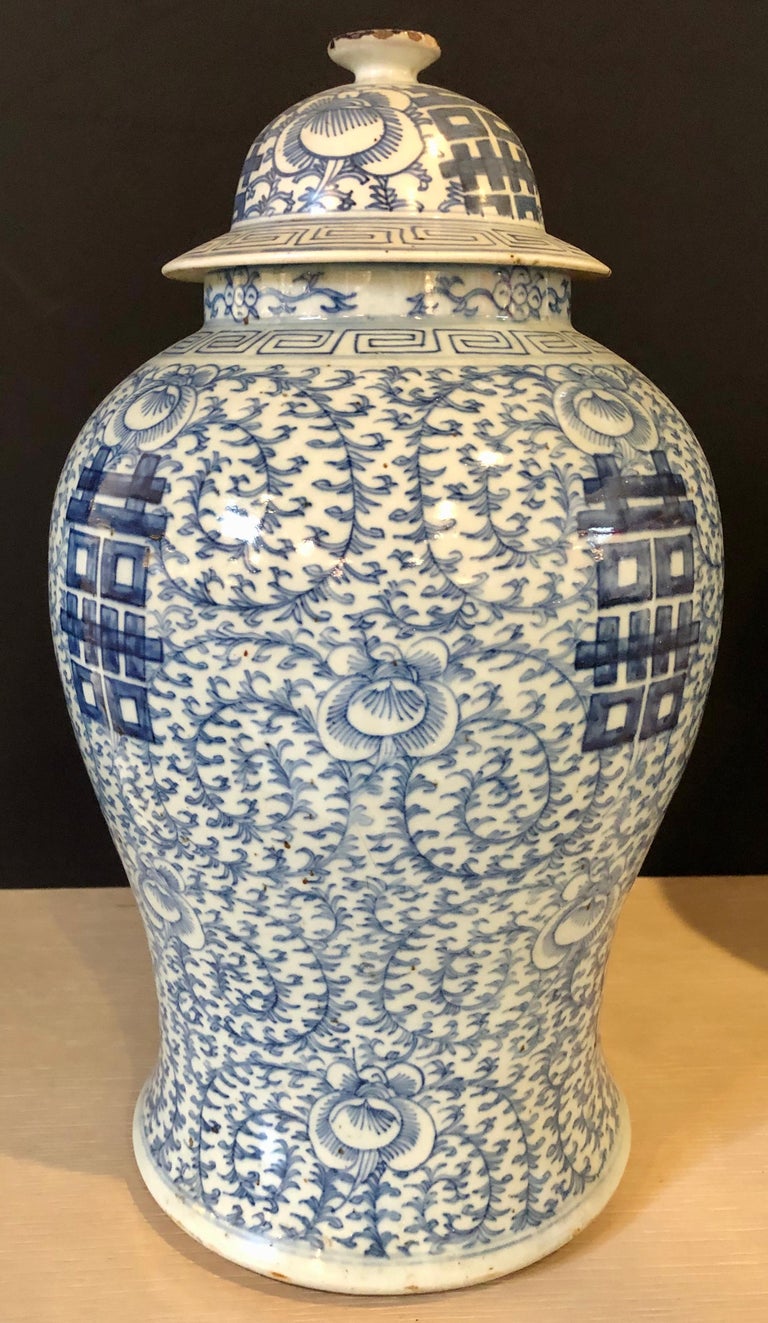 Blue and white Chinese lidded ginger jar. Large and Impressive. Signed on bottom is this very impressive lidded jar from China having a long heavy bottom and a lid with a handle. 19th century possibly early 20th century. Purchased from a Greenwich