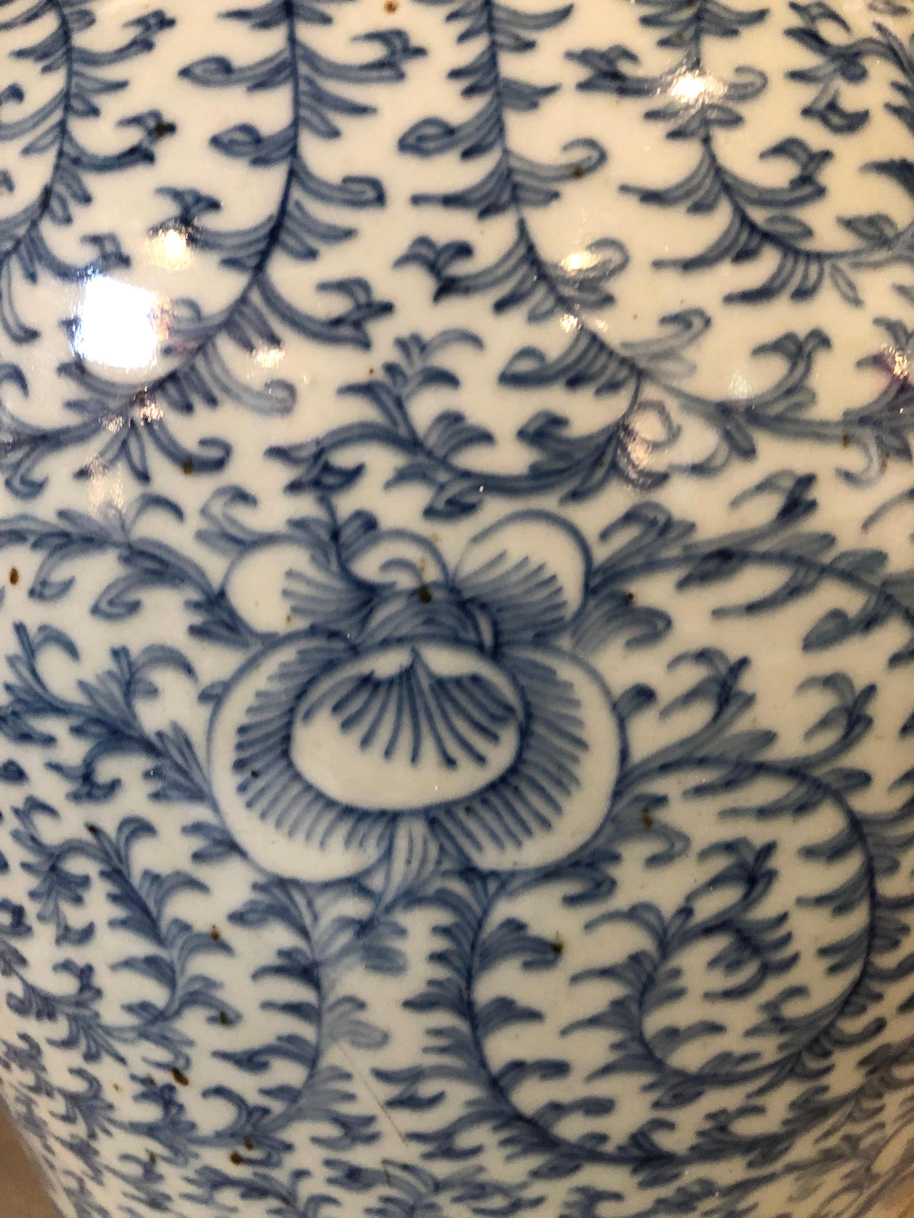 Porcelain Blue and White Chinese Lidded Ginger Jar, Vase or Urn, Signed on Bottom For Sale