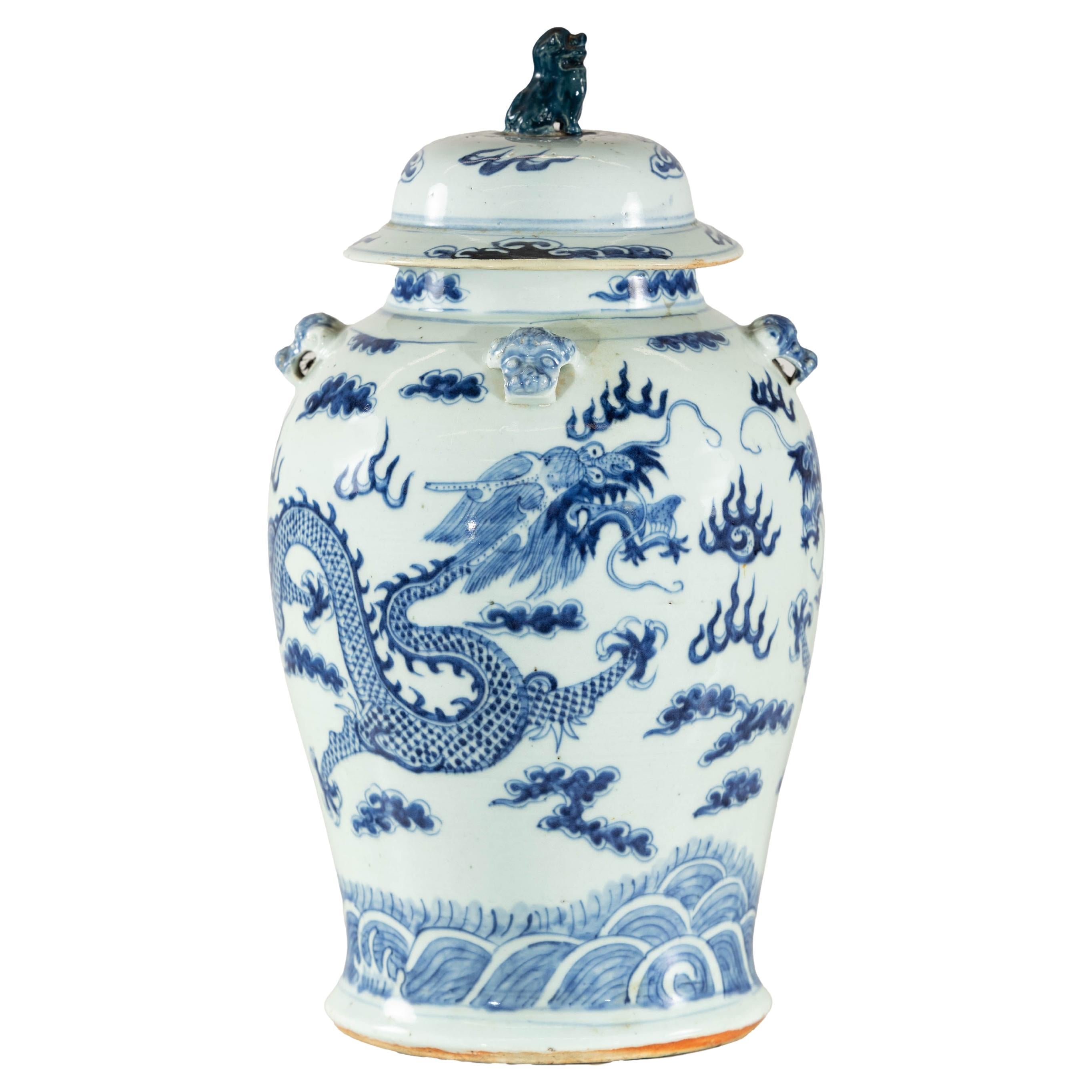 Blue and White Chinese Lidded Jar with Dragon and Foo Dog Finial