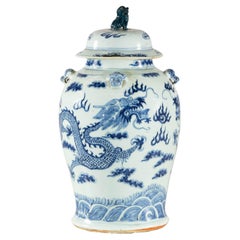 Blue and White Chinese Lidded Jar with Dragon and Foo Dog Finial