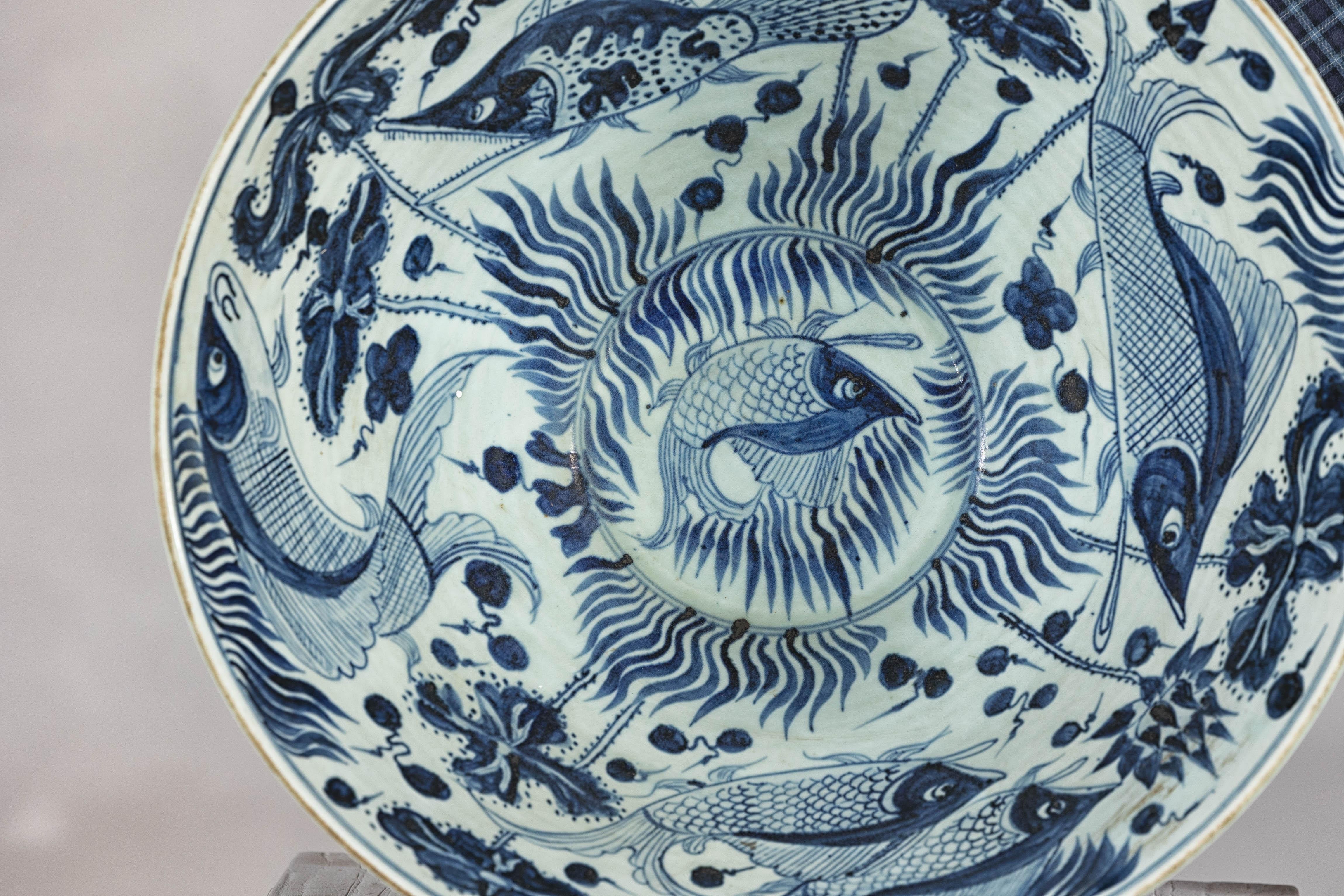 Cuenco de porcelana china azul y blanca con motivo de pez, decoración pintada a mano 6