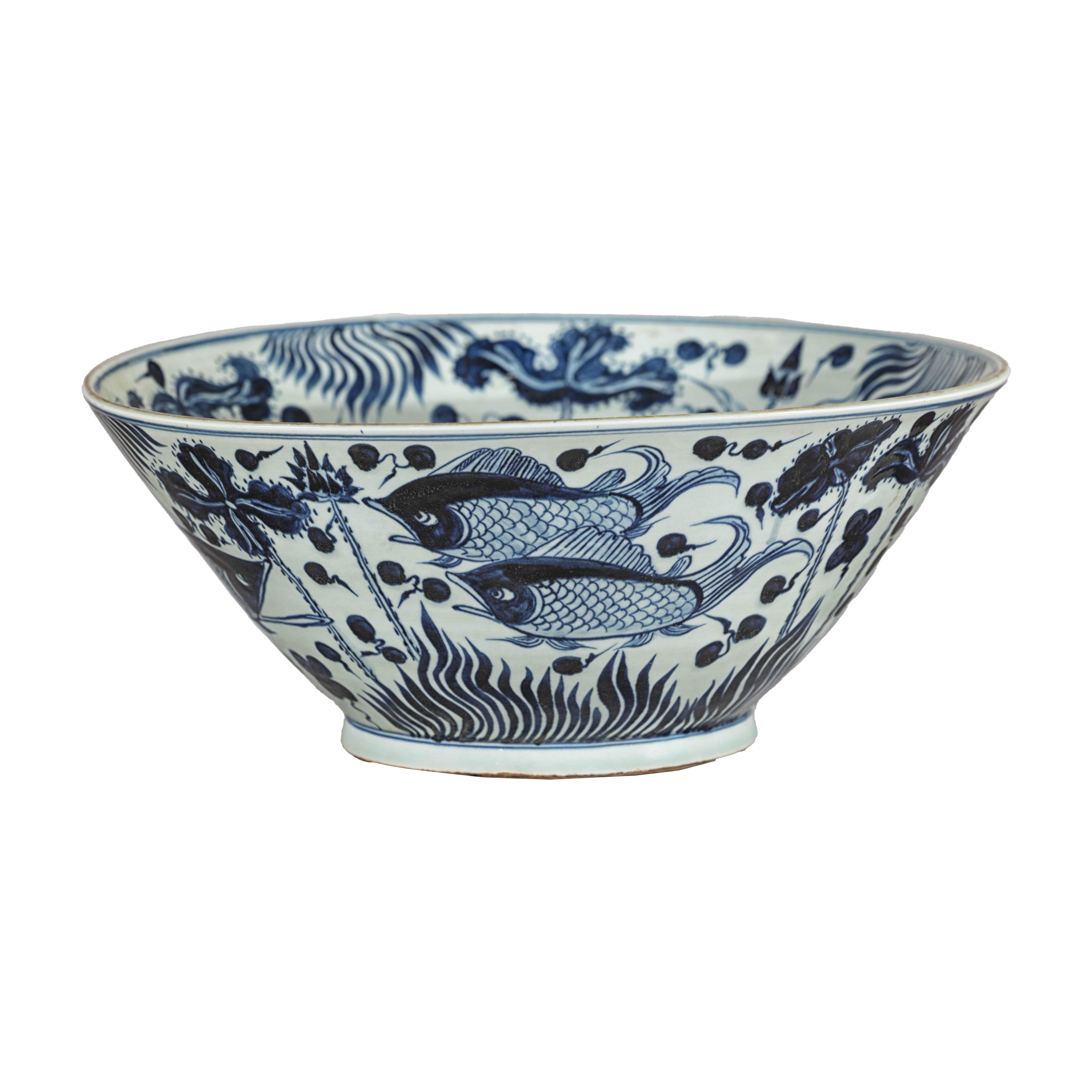 Cuenco de porcelana china azul y blanca con motivo de pez, decoración pintada a mano 8