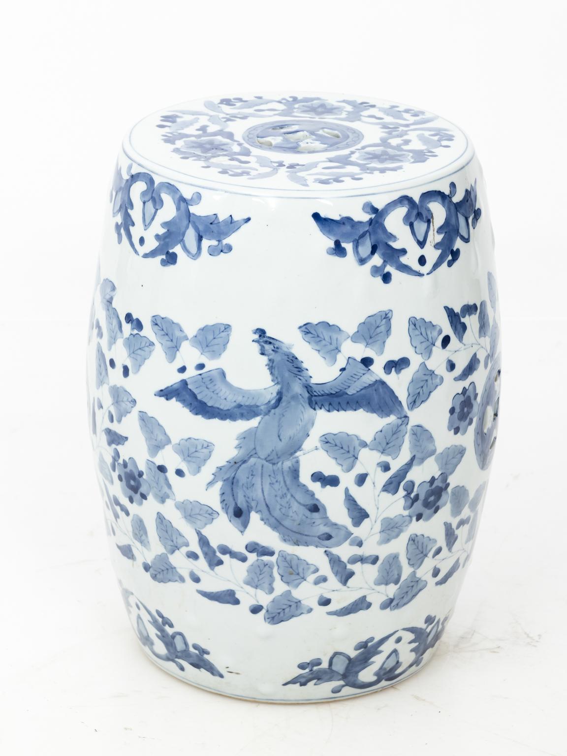 Painted Blue and White Chinese Porcelain Garden Seat with Phoenix Motif
