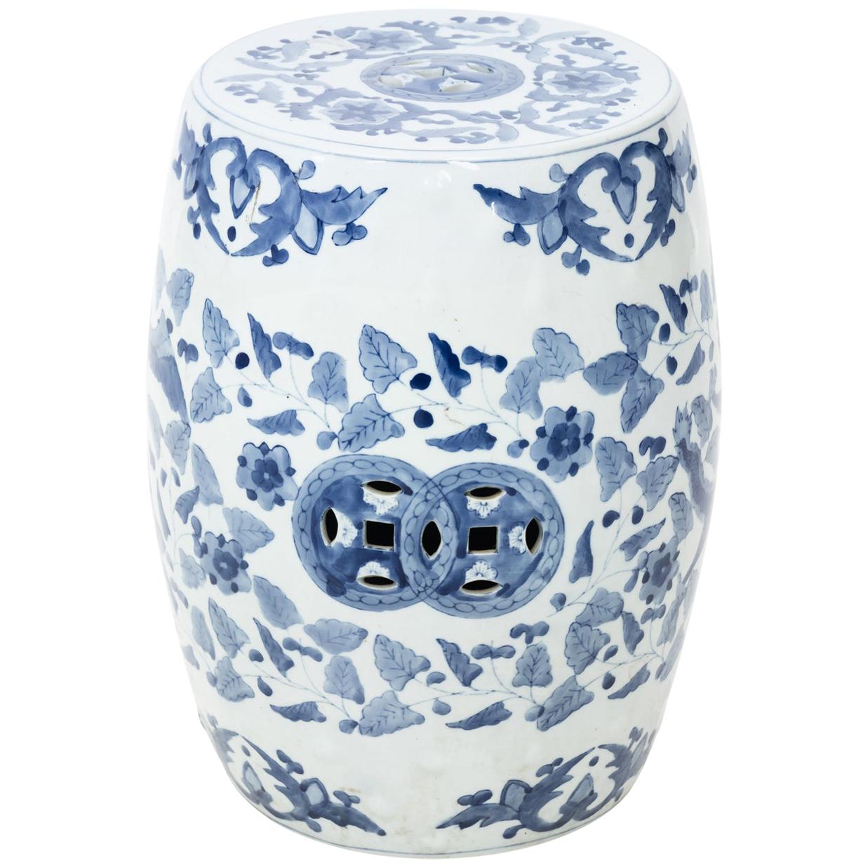 Blue and White Chinese Porcelain Garden Seat with Phoenix Motif