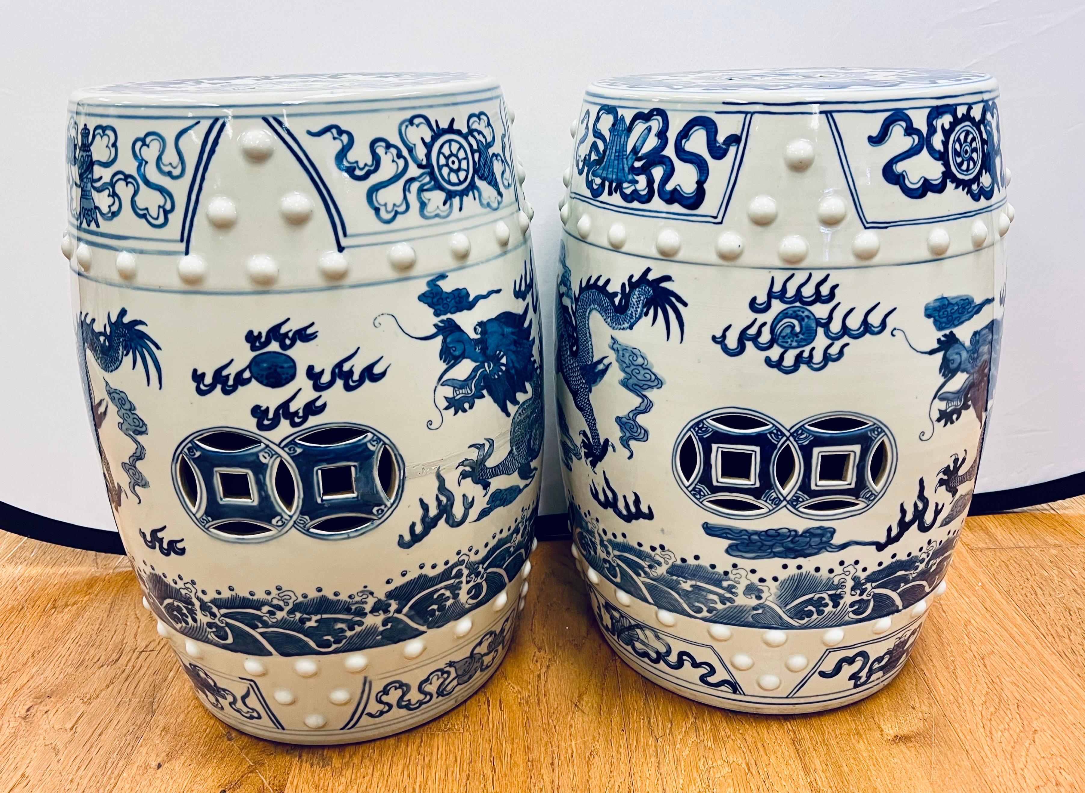 Chinoiserie Blue and White Chinese Porcelain Garden Stools Side Tables with Dragons For Sale