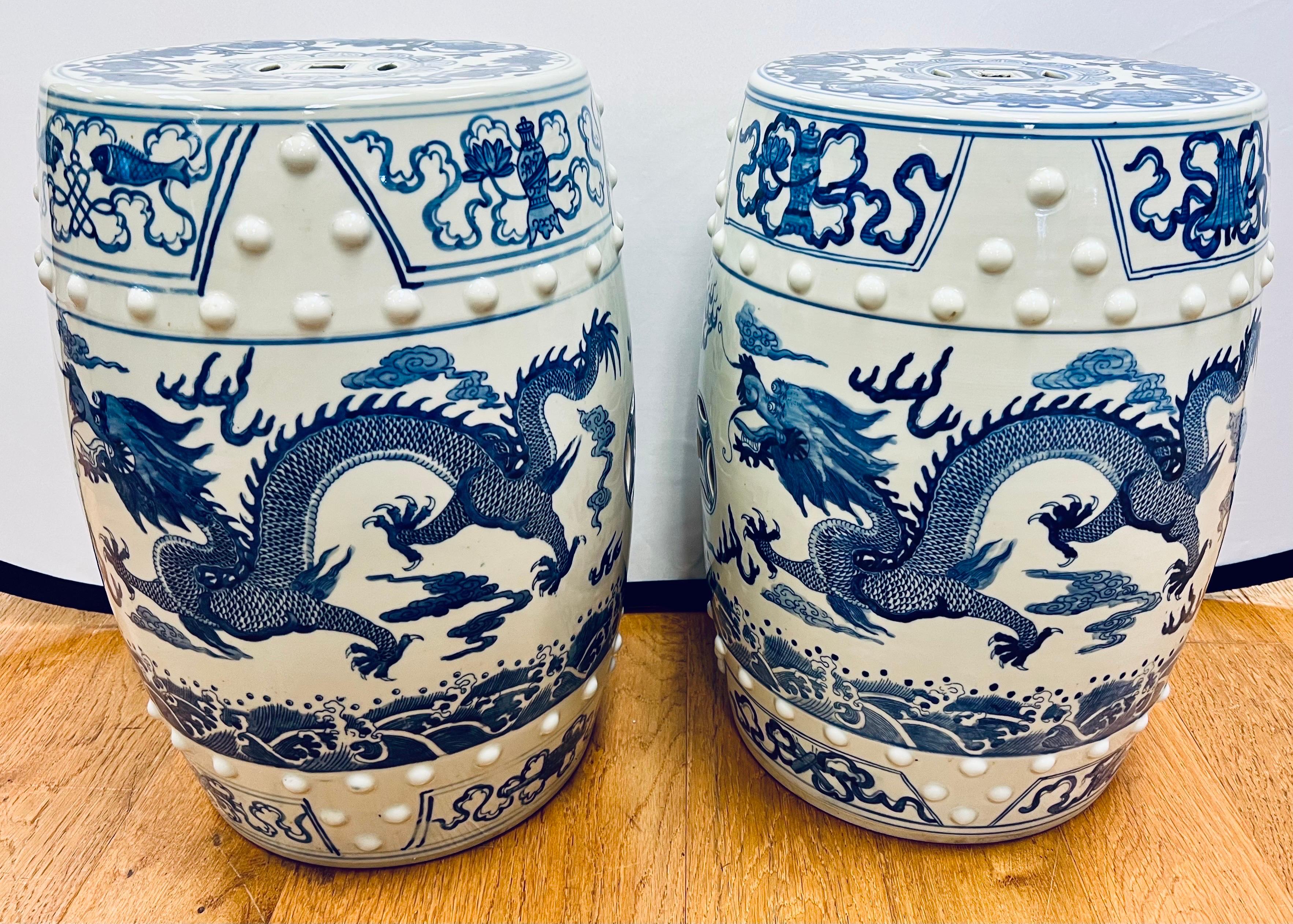Blue and White Chinese Porcelain Garden Stools Side Tables with Dragons In Good Condition For Sale In West Hartford, CT