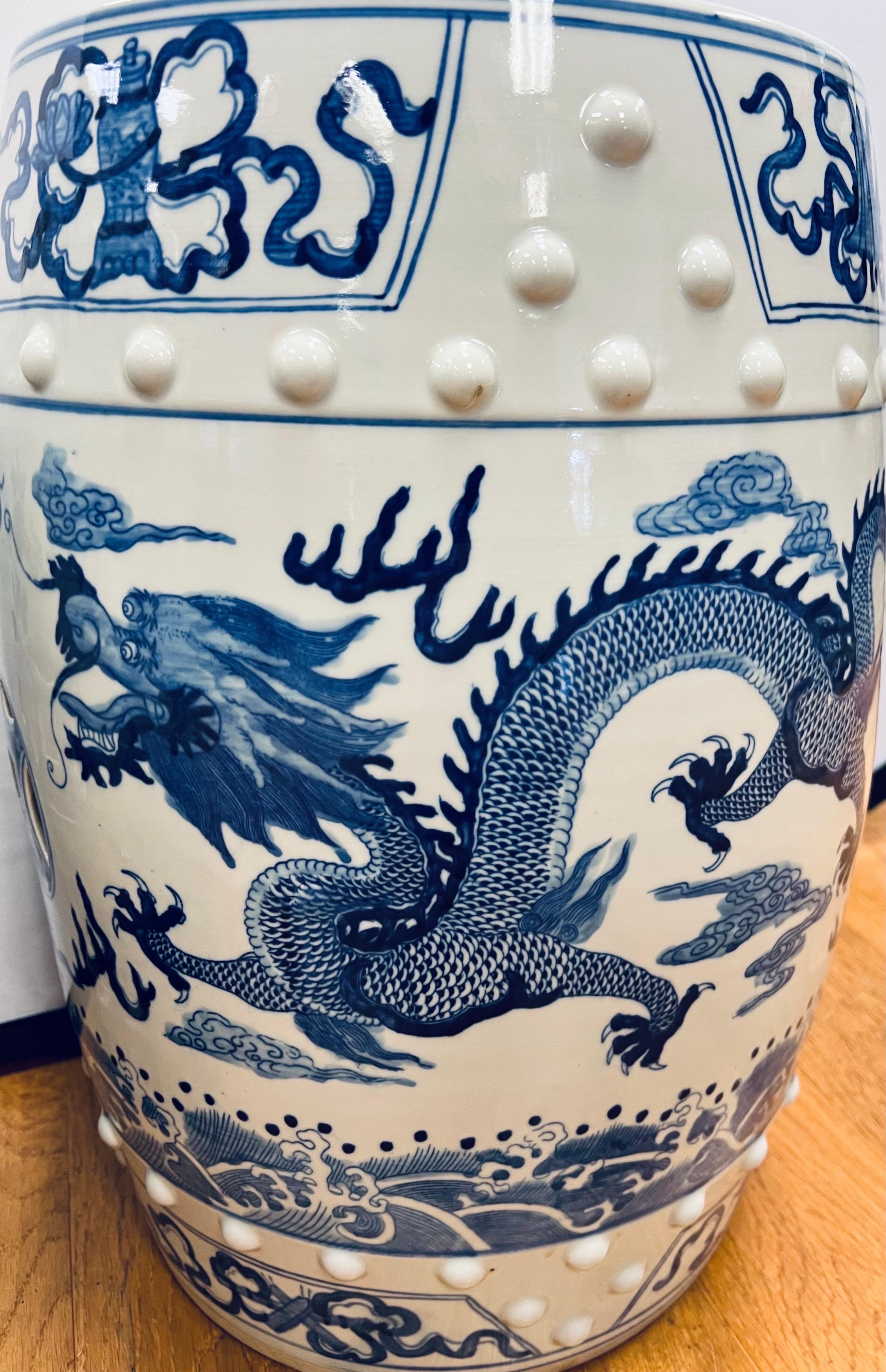 20th Century Blue and White Chinese Porcelain Garden Stools Side Tables with Dragons For Sale