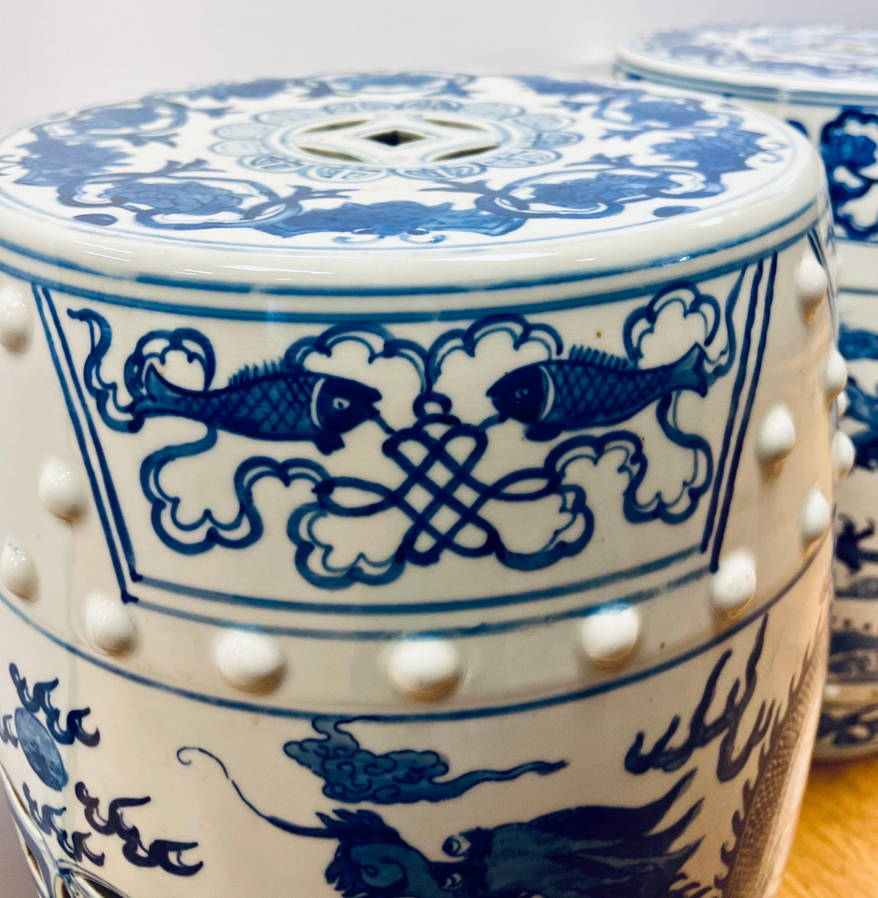 Ceramic Blue and White Chinese Porcelain Garden Stools Side Tables with Dragons For Sale