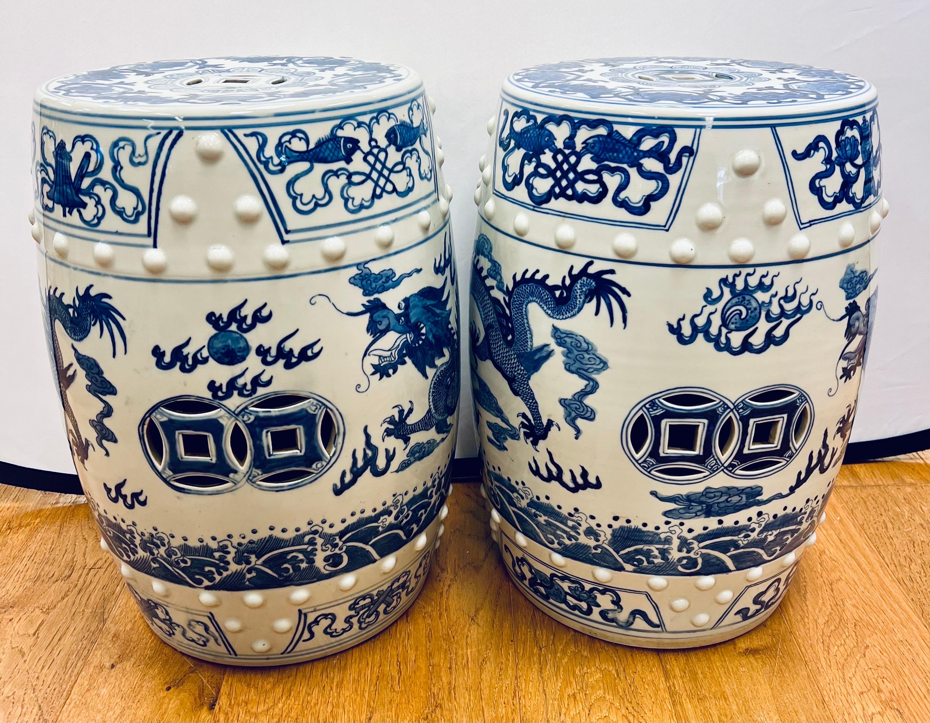 Blue and White Chinese Porcelain Garden Stools Side Tables with Dragons For Sale 1