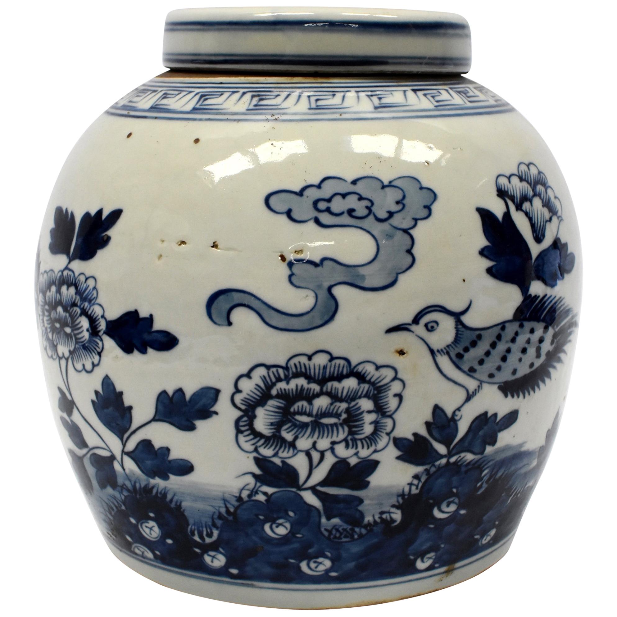 Blue and White Chinese Porcelain Jar, Bird and Peony