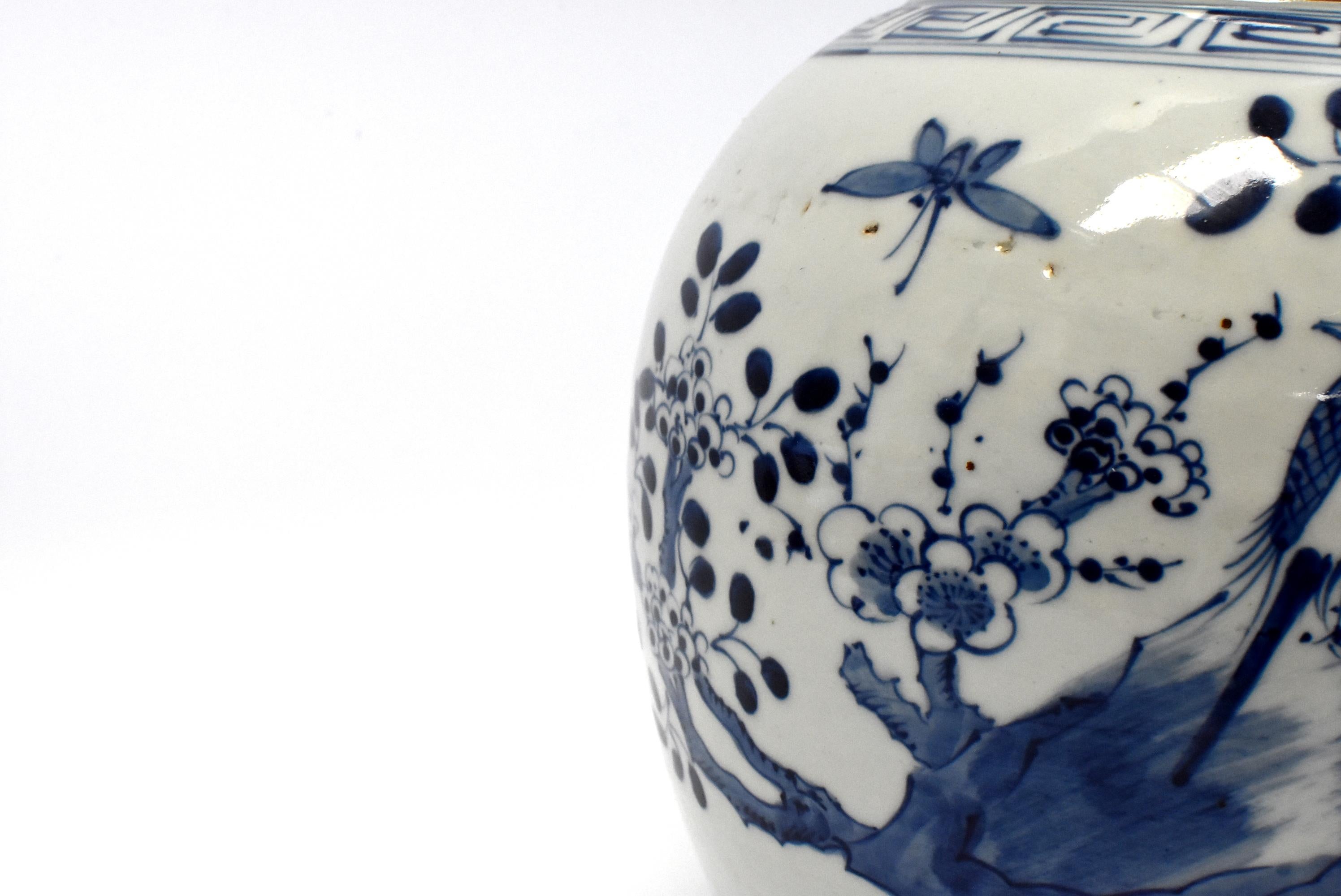 20th Century Blue and White Chinese Porcelain Jar, Magpie and Butterfly