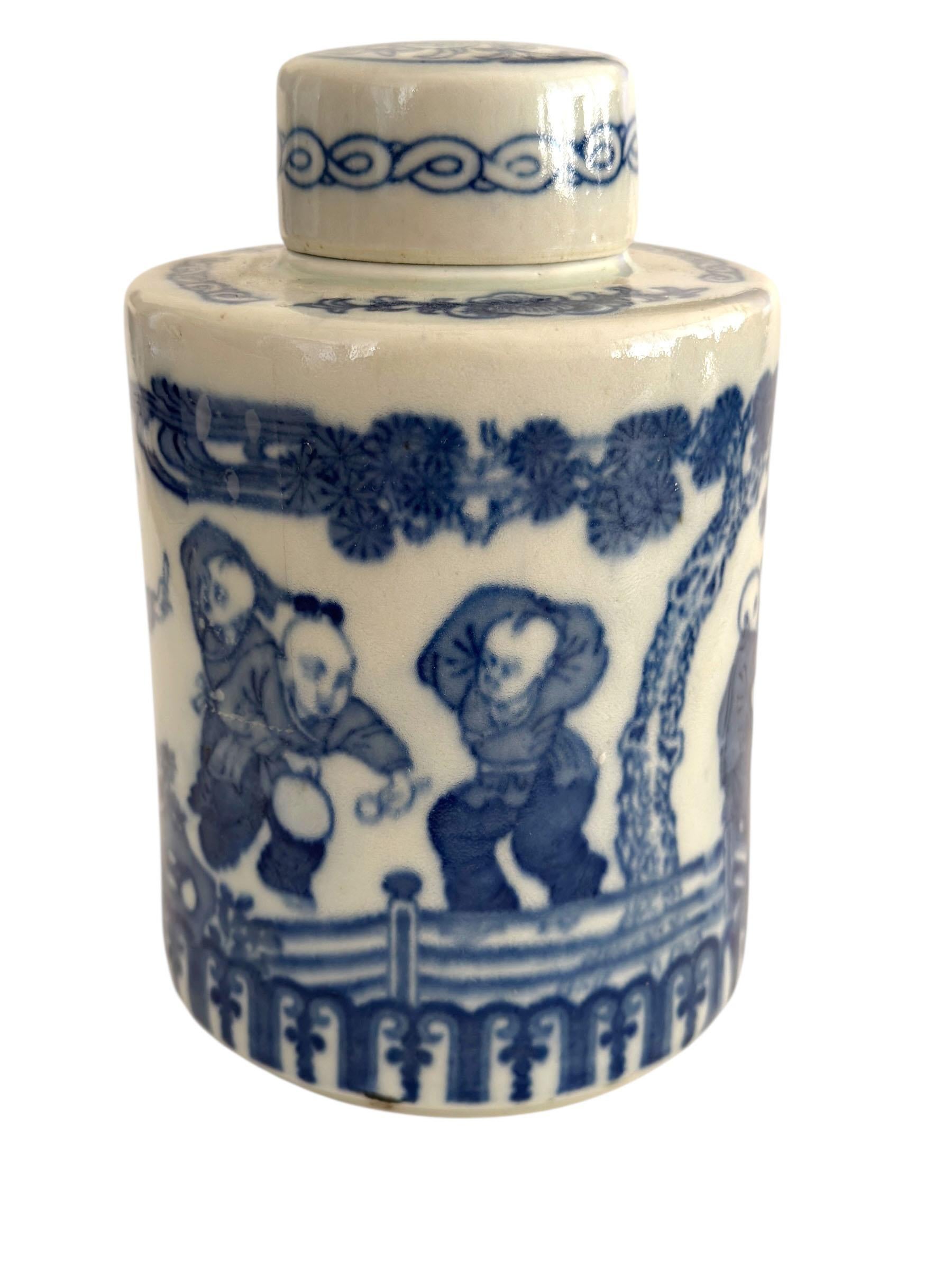 20th Century Blue and White Chinese Porcelain Tea Caddy with Boys at Play Motif For Sale