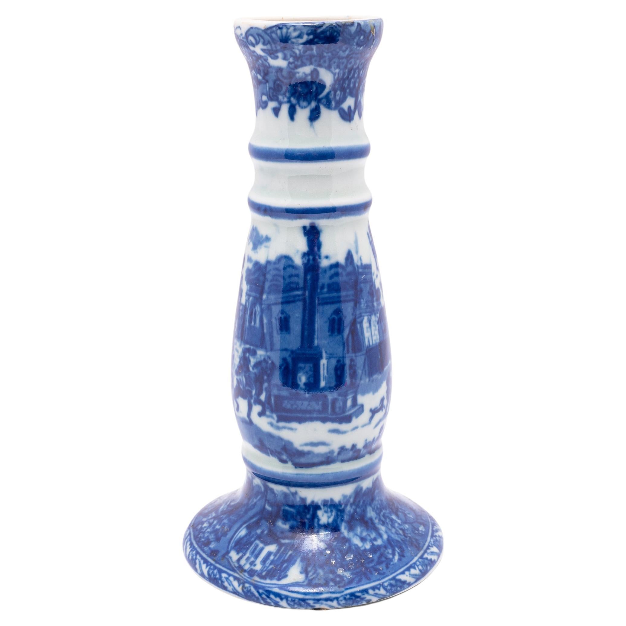 Vase à bougie de style chinoiseries bleu et blanc en vente
