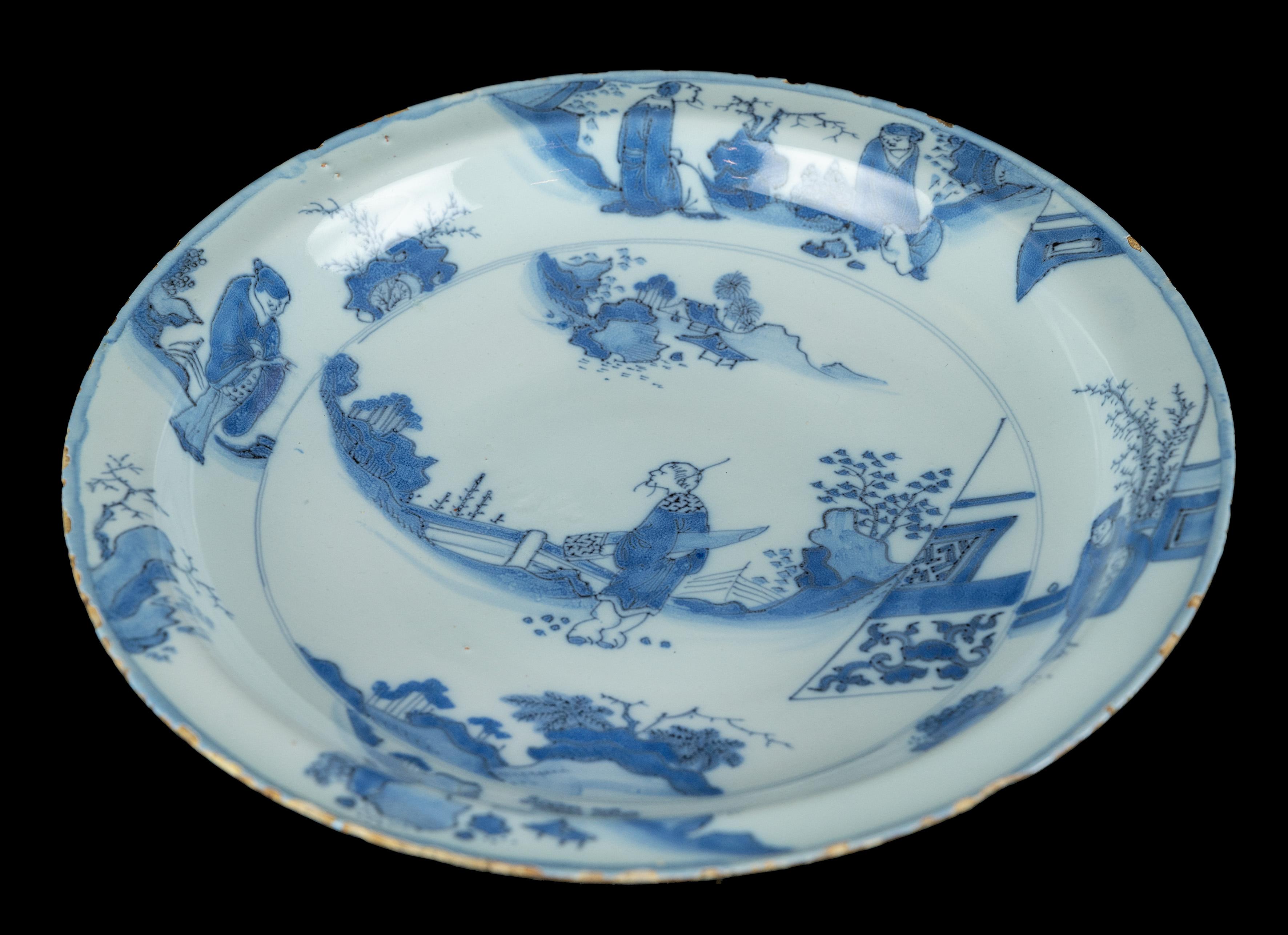 Baroque Blue and White Chinoiserie Dish Delft, circa 1680 Oriental Garden Landscape For Sale