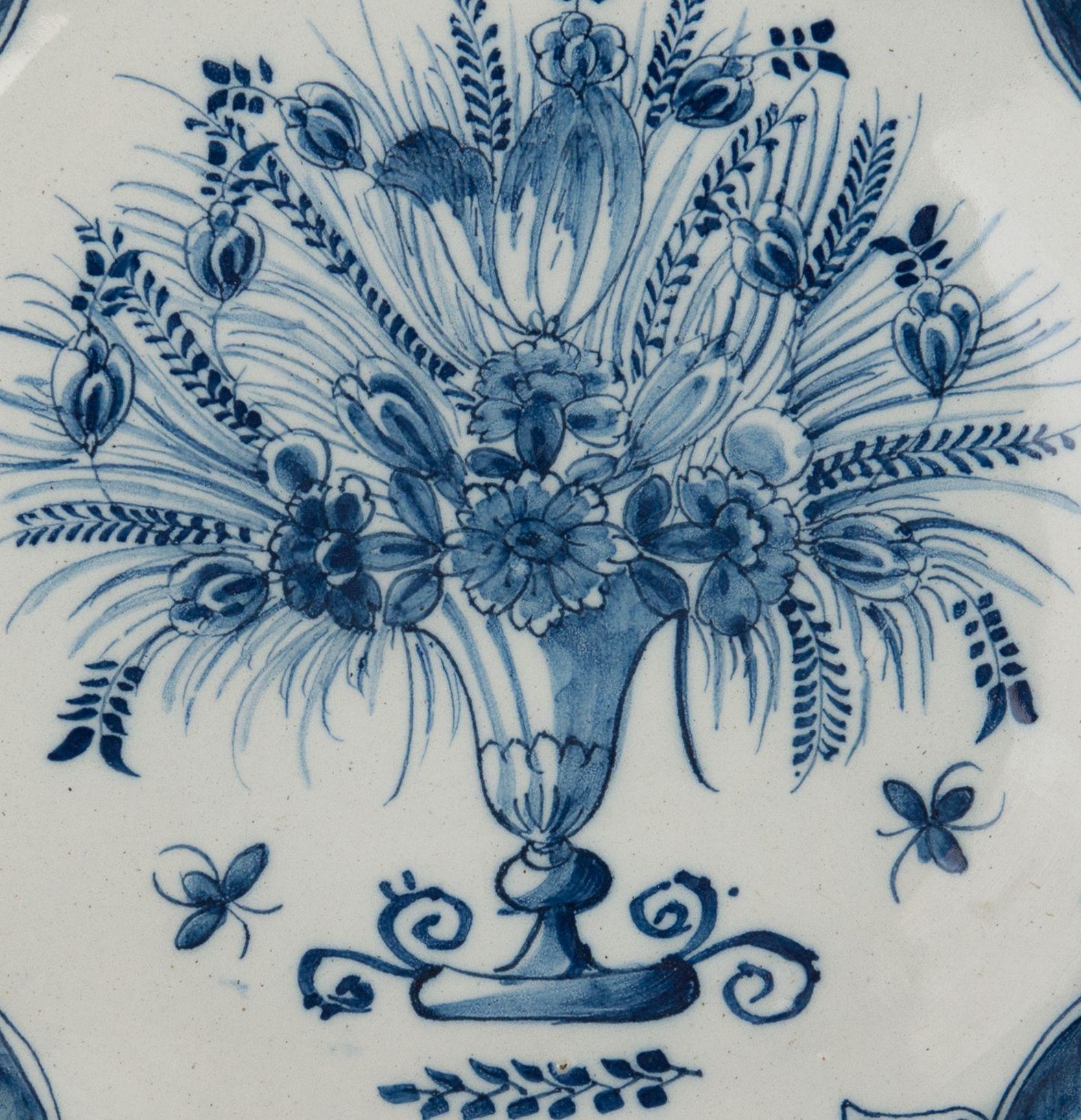 Baroque Blue and white chinoiserie dish with flower vase Delft 1740-1770 The Three Bells For Sale
