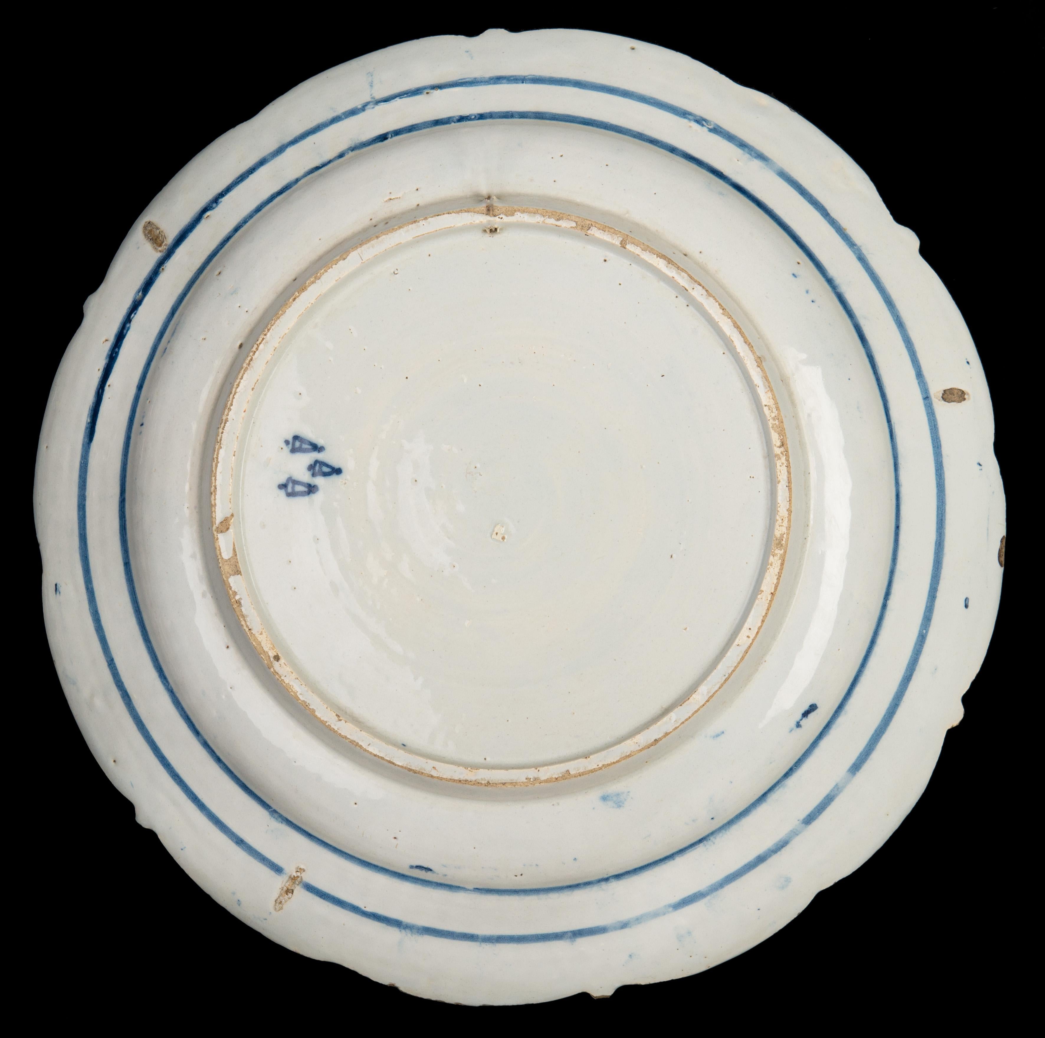 Dutch Blue and white chinoiserie dish with flower vase Delft 1740-1770 The Three Bells For Sale