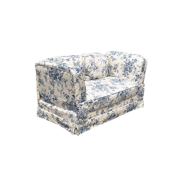 Mid-Century Modern Blue and White Chinoiserie Floral Camel Back Sofa Loveseat with Adjustable Arms