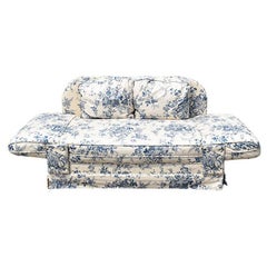 Retro Blue and White Chinoiserie Floral Camel Back Sofa Loveseat with Adjustable Arms