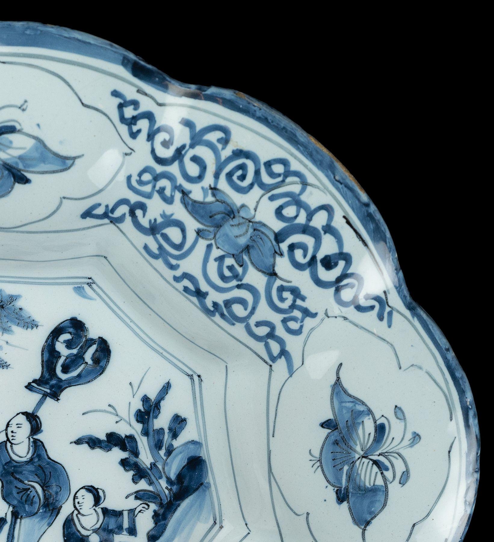 Ceramic Blue and White Chinoiserie Lobed Dish, Delft, 1680-1700 For Sale