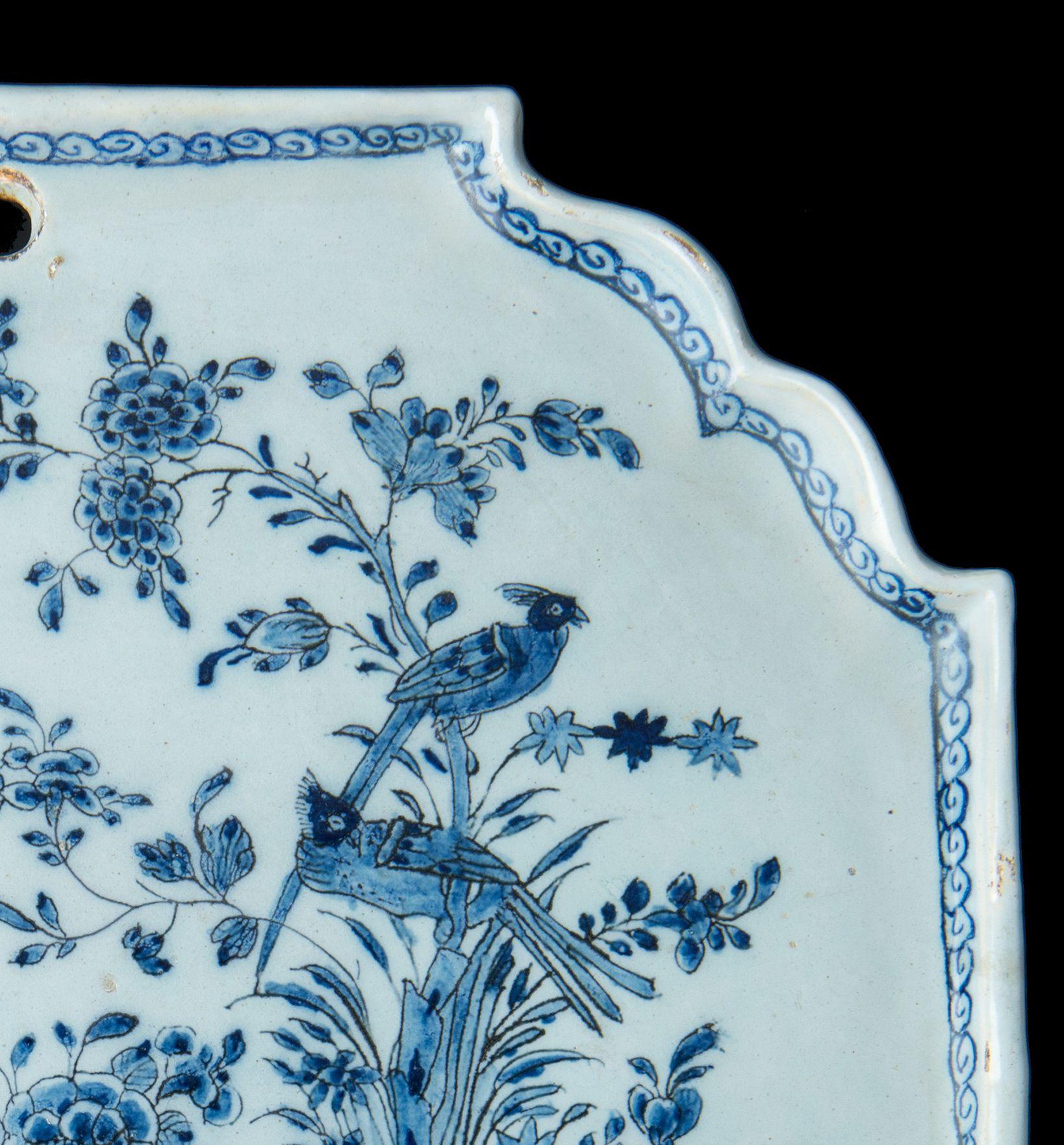 Hand-Painted Dutch Delft Blue and White ceramic Chinoiserie Plaque 1740-1760 Delftware For Sale