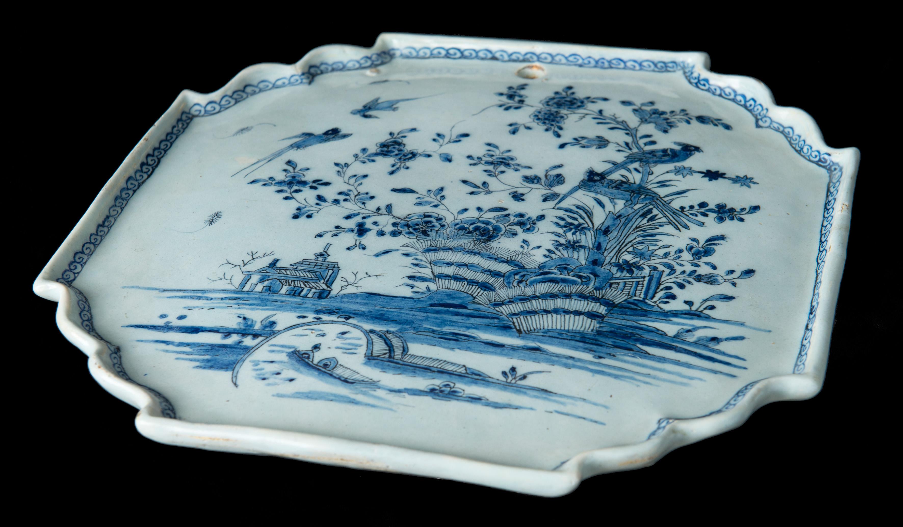Dutch Delft Blue and White ceramic Chinoiserie Plaque 1740-1760 Delftware For Sale 1