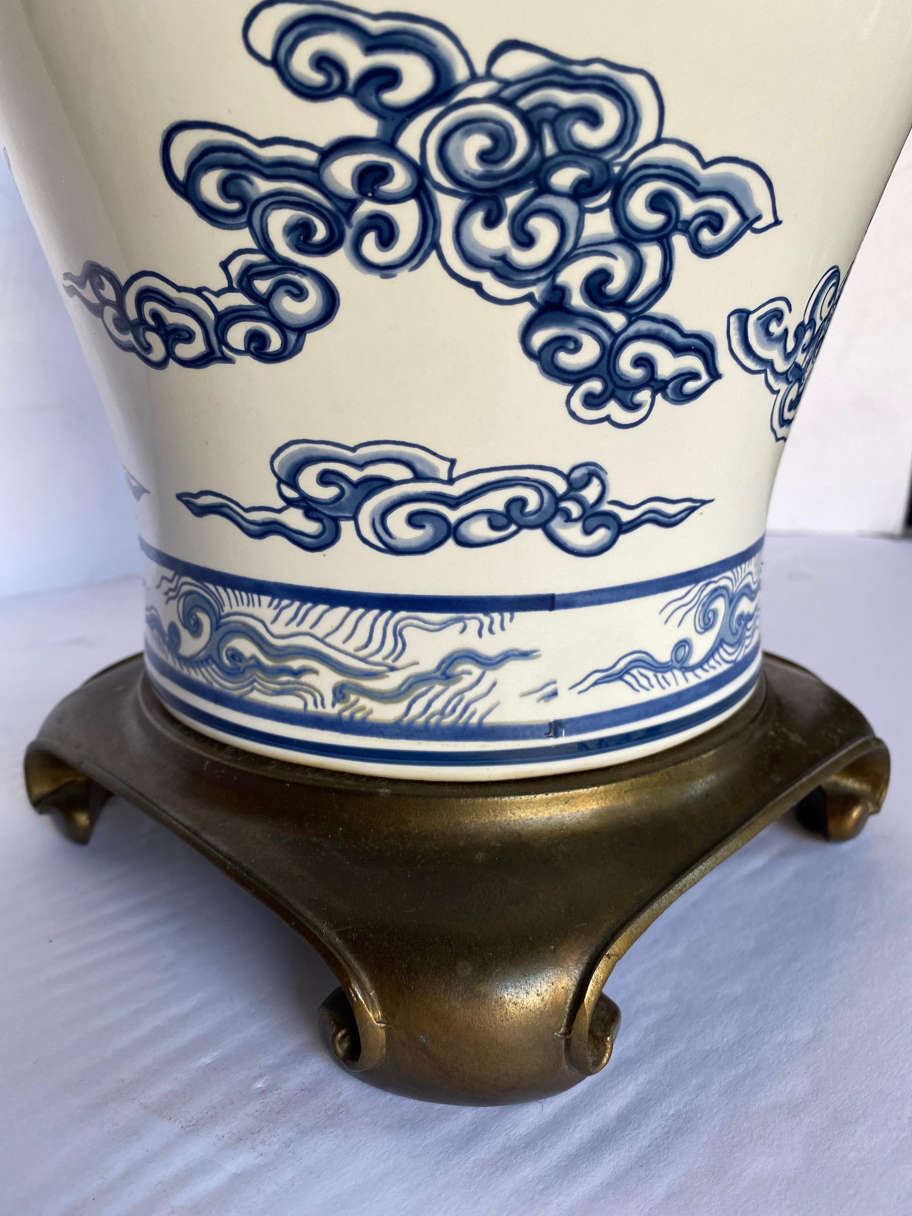 Blue and White Lucky Foo Dog and Coral Chinoiserie Porcelain Table Lamp For Sale 4