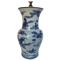 Blue and White Lucky Foo Dog and Coral Chinoiserie Porcelain Table Lamp