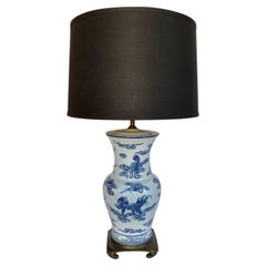 Blue and White Lucky Foo Dog and Coral Chinoiserie Porcelain Table Lamp