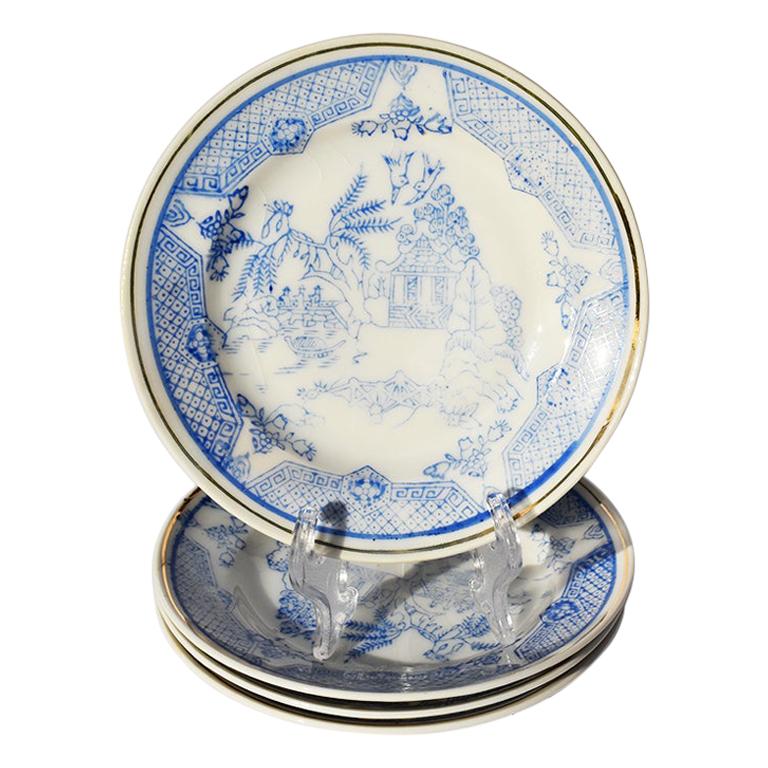 Ensemble de 5 soucoupes en porcelaine de style chinoiseries bleues et blanches, Japon