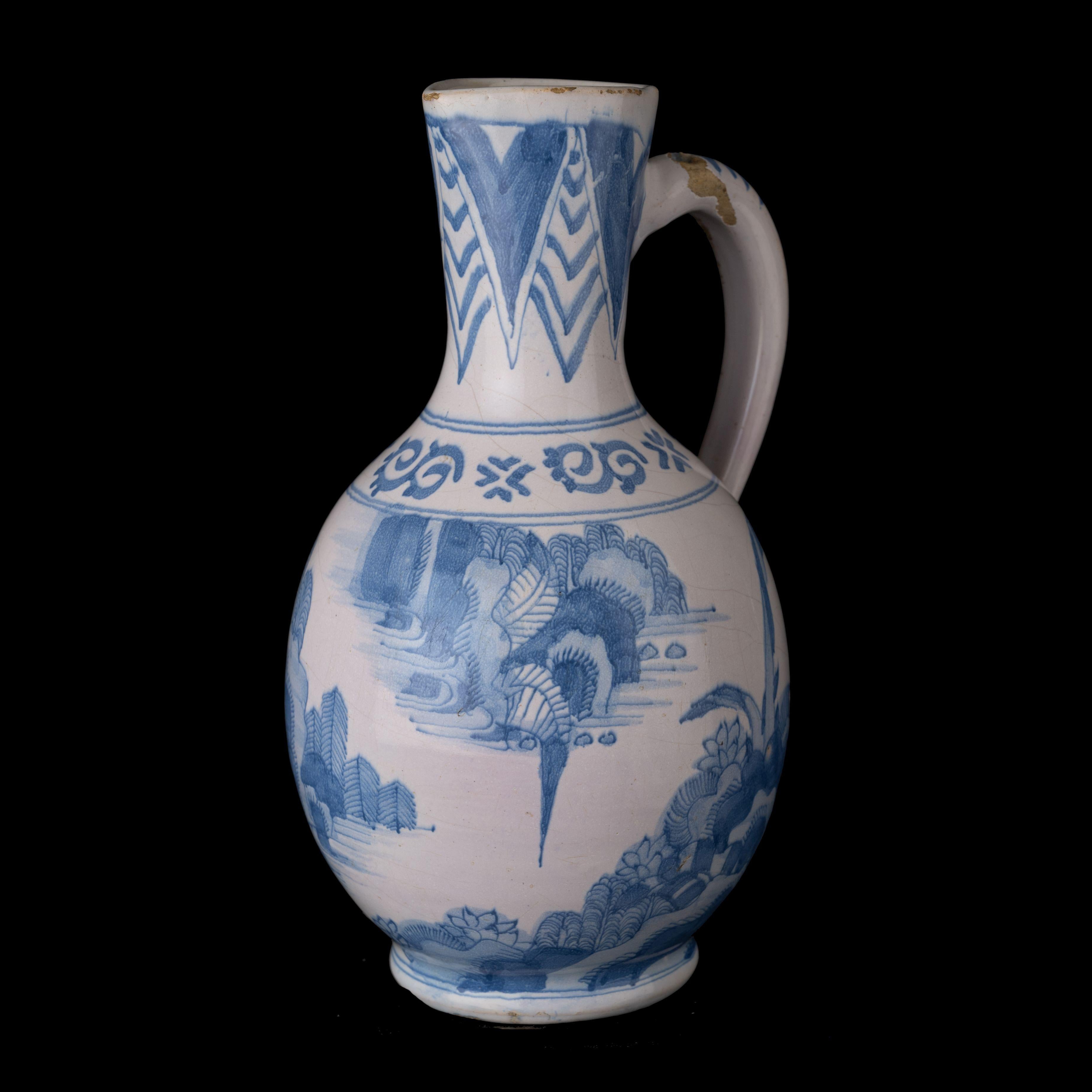 Baroque Blue and White Chinoiserie Wine Jug Delft, 1650-1670