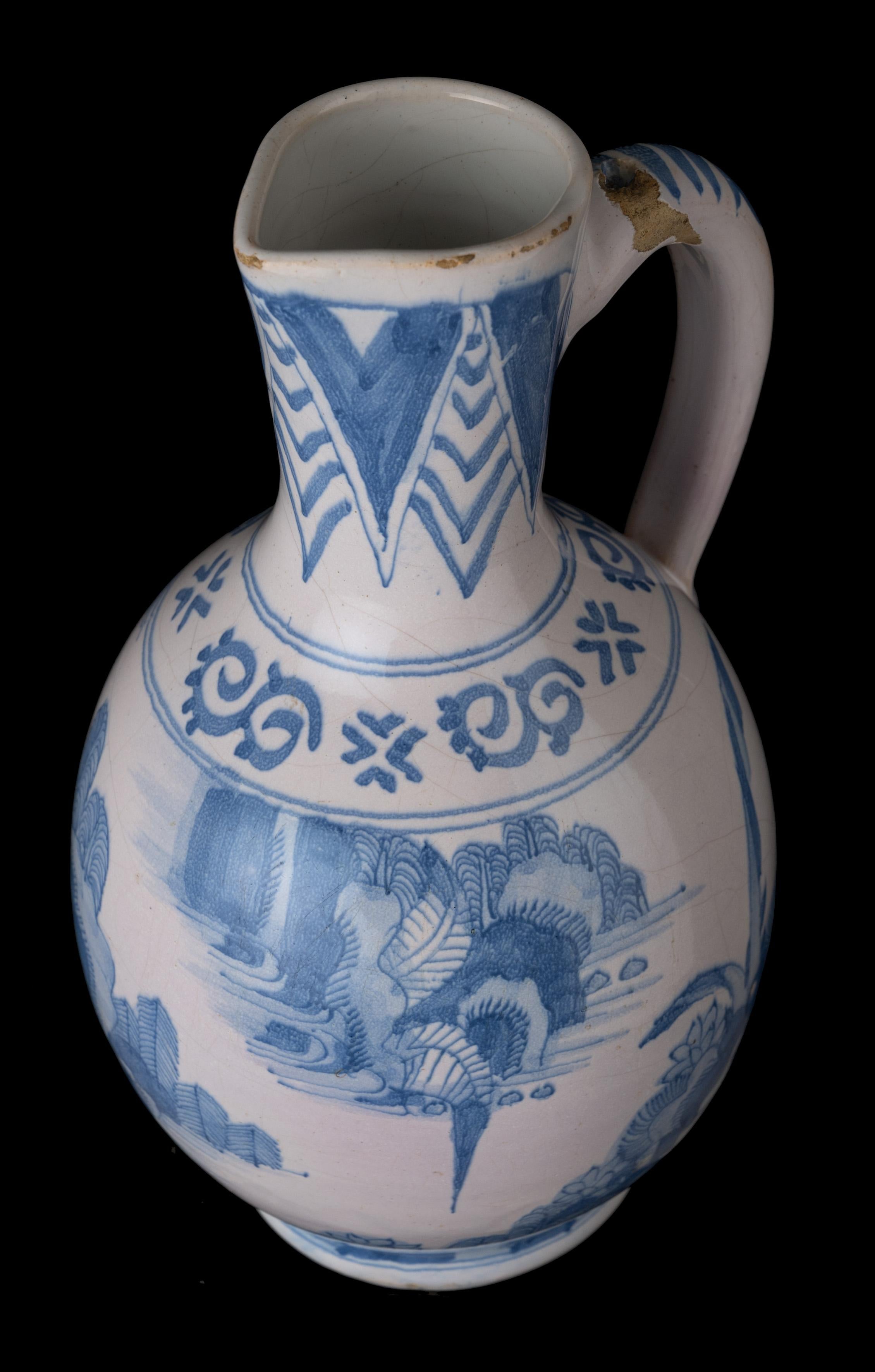 Dutch Blue and White Chinoiserie Wine Jug Delft, 1650-1670