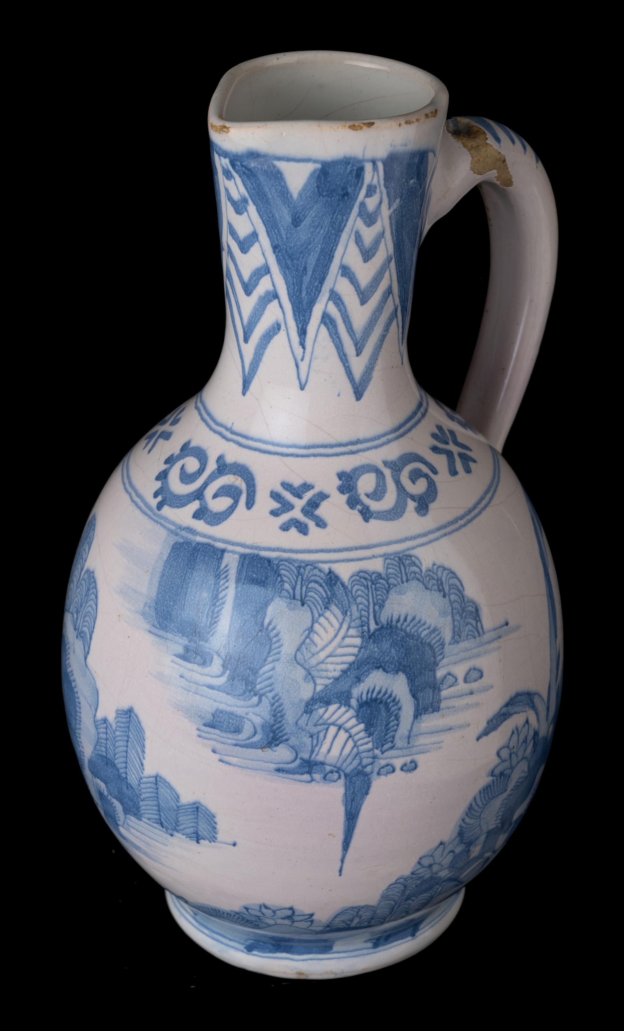 Hand-Painted Blue and White Chinoiserie Wine Jug Delft, 1650-1670