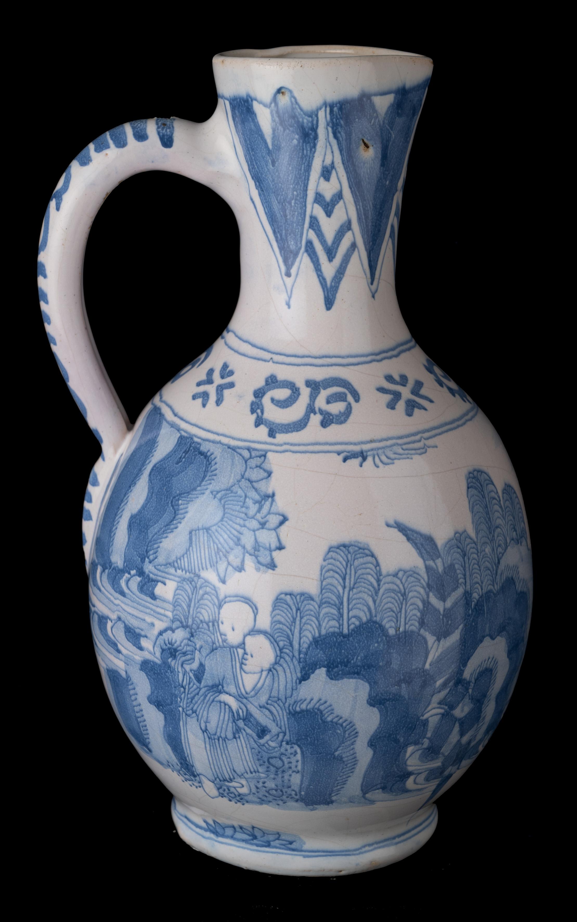 Blauer und weißer Chinoiserie-Weinkrug Delfter Porzellan, 1650-1670 (Handbemalt) im Angebot