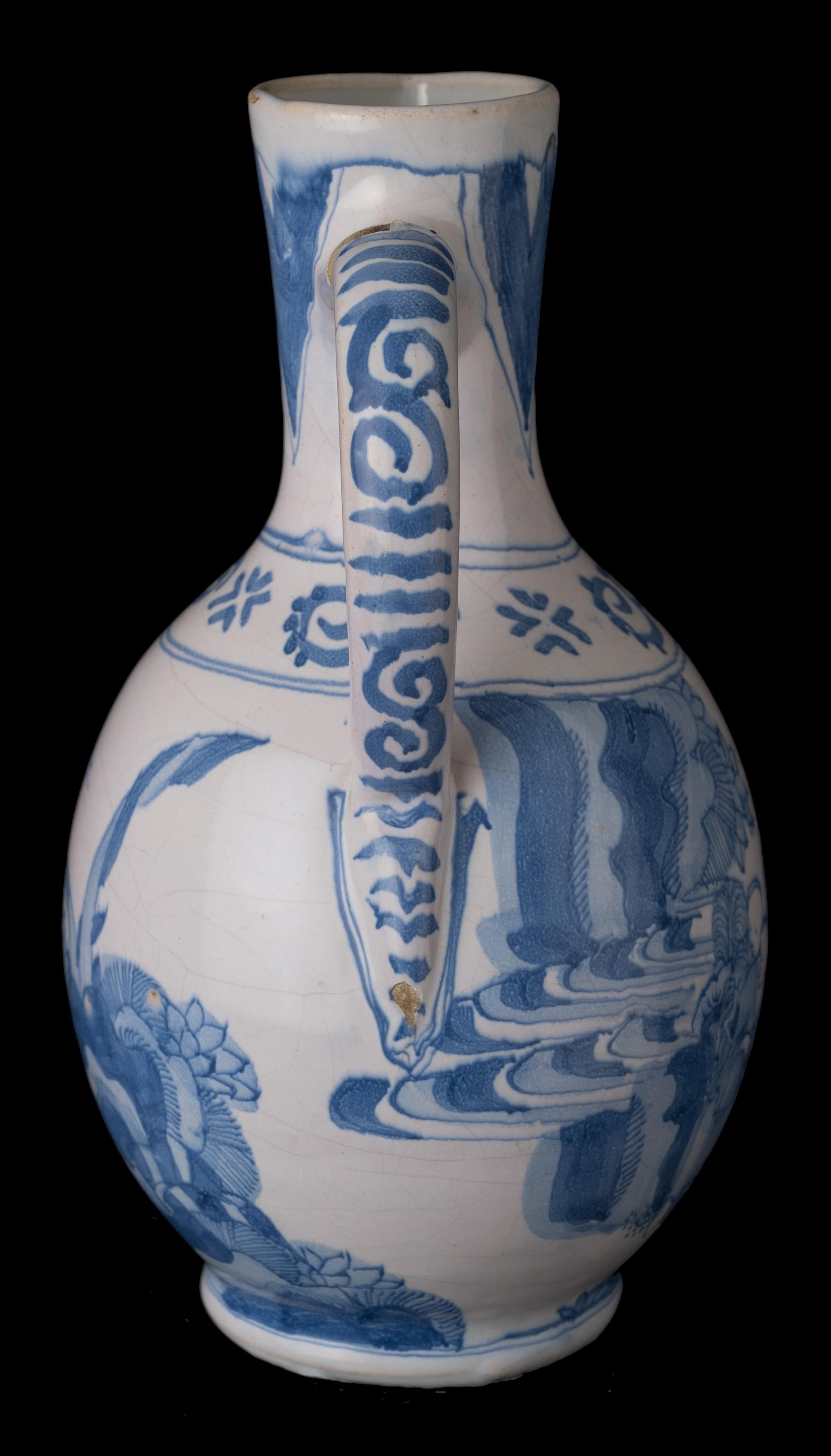 Ceramic Blue and White Chinoiserie Wine Jug Delft, 1650-1670