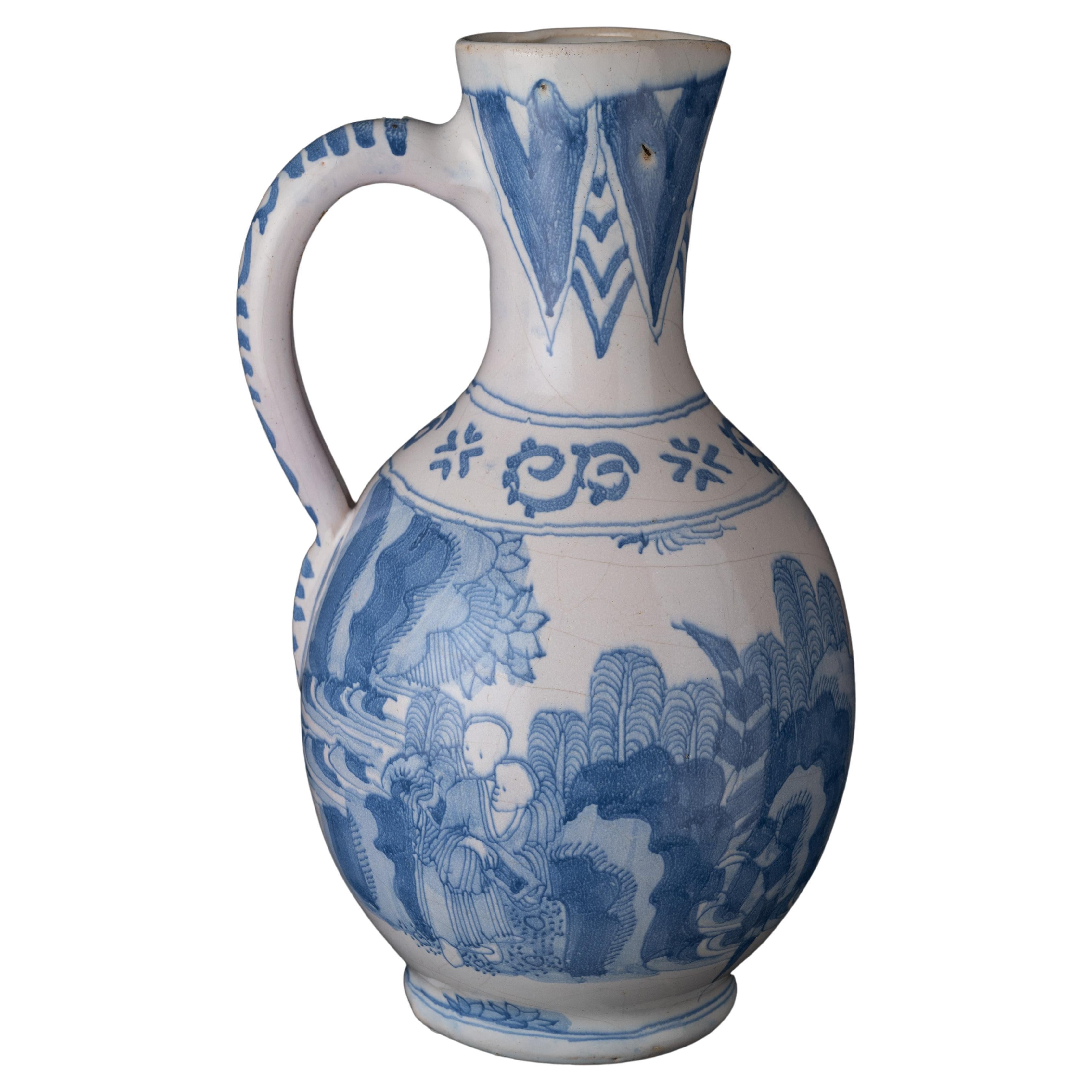 Blauer und weißer Chinoiserie-Weinkrug Delfter Porzellan, 1650-1670 im Angebot