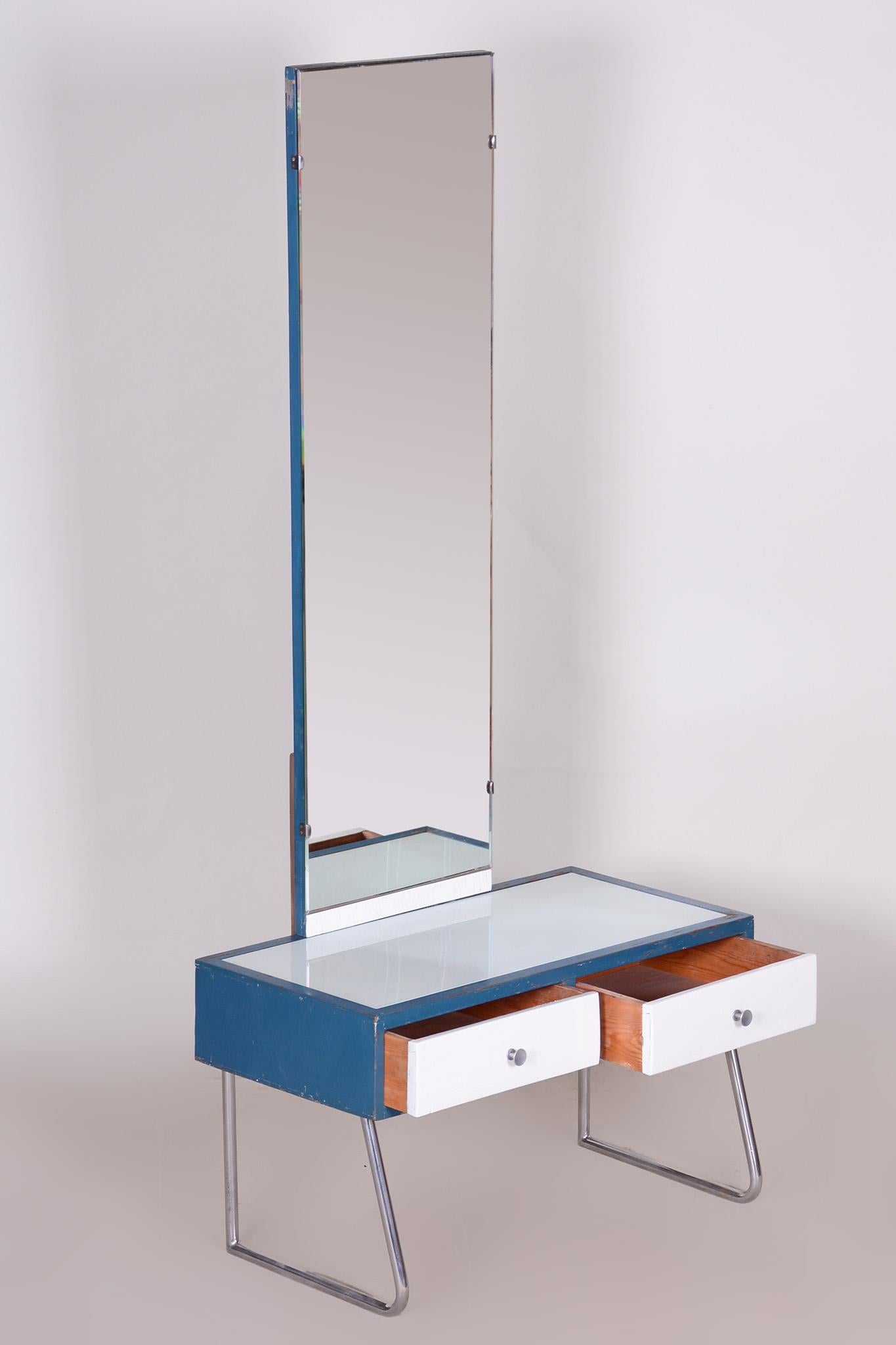 Blue and White Chrome Bauhaus Dressing Mirror, Made in 1930s, Czechia, Vichr For Sale 5