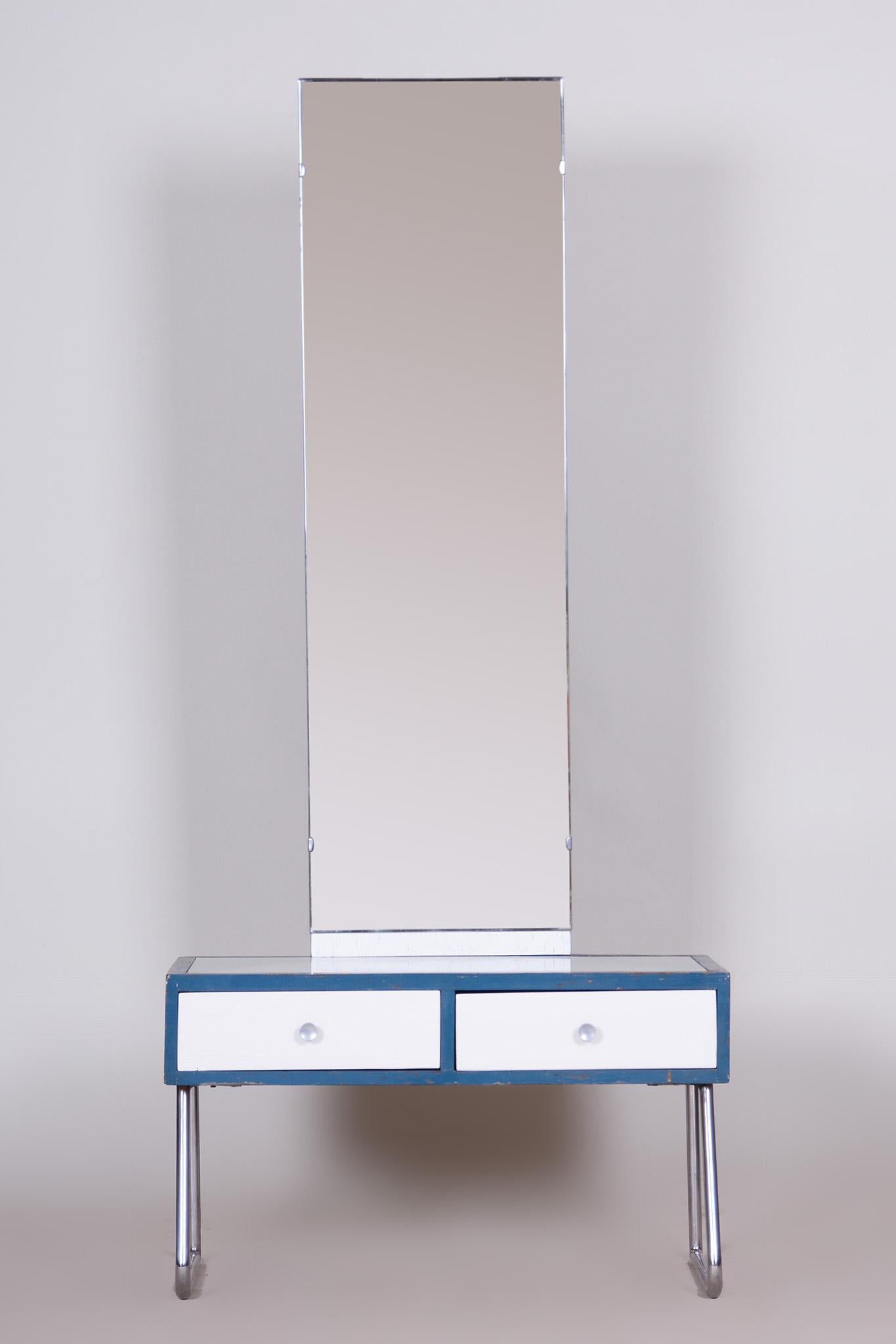 Tchèque Miroir de chambre Bauhaus en chrome bleu et blanc, fabriqué dans les années 1930, République tchèque, Vichr en vente