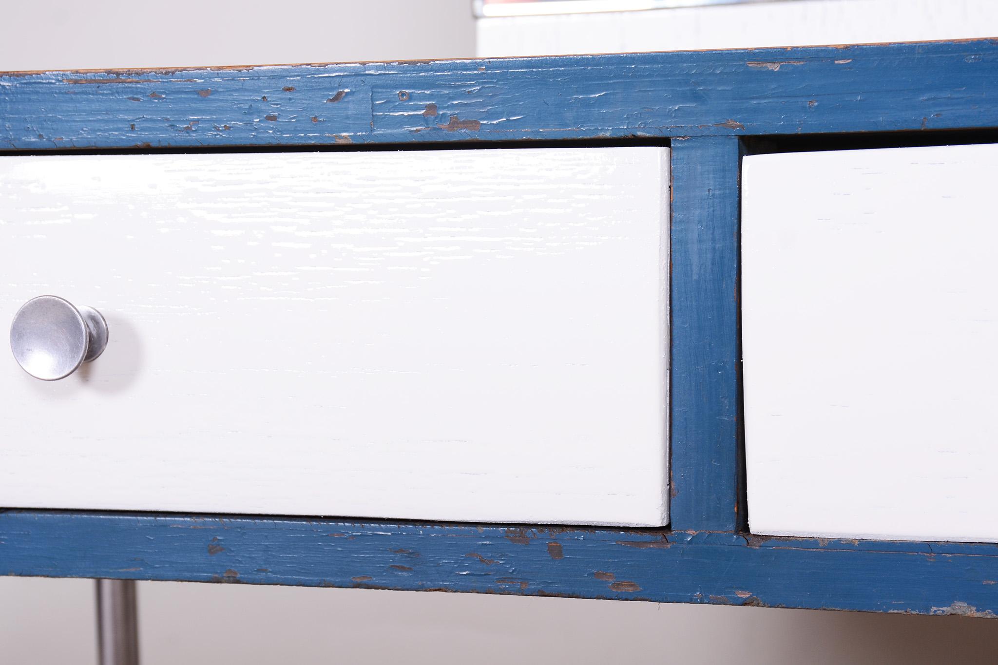 Steel Blue and White Chrome Bauhaus Dressing Mirror, Made in 1930s, Czechia, Vichr For Sale