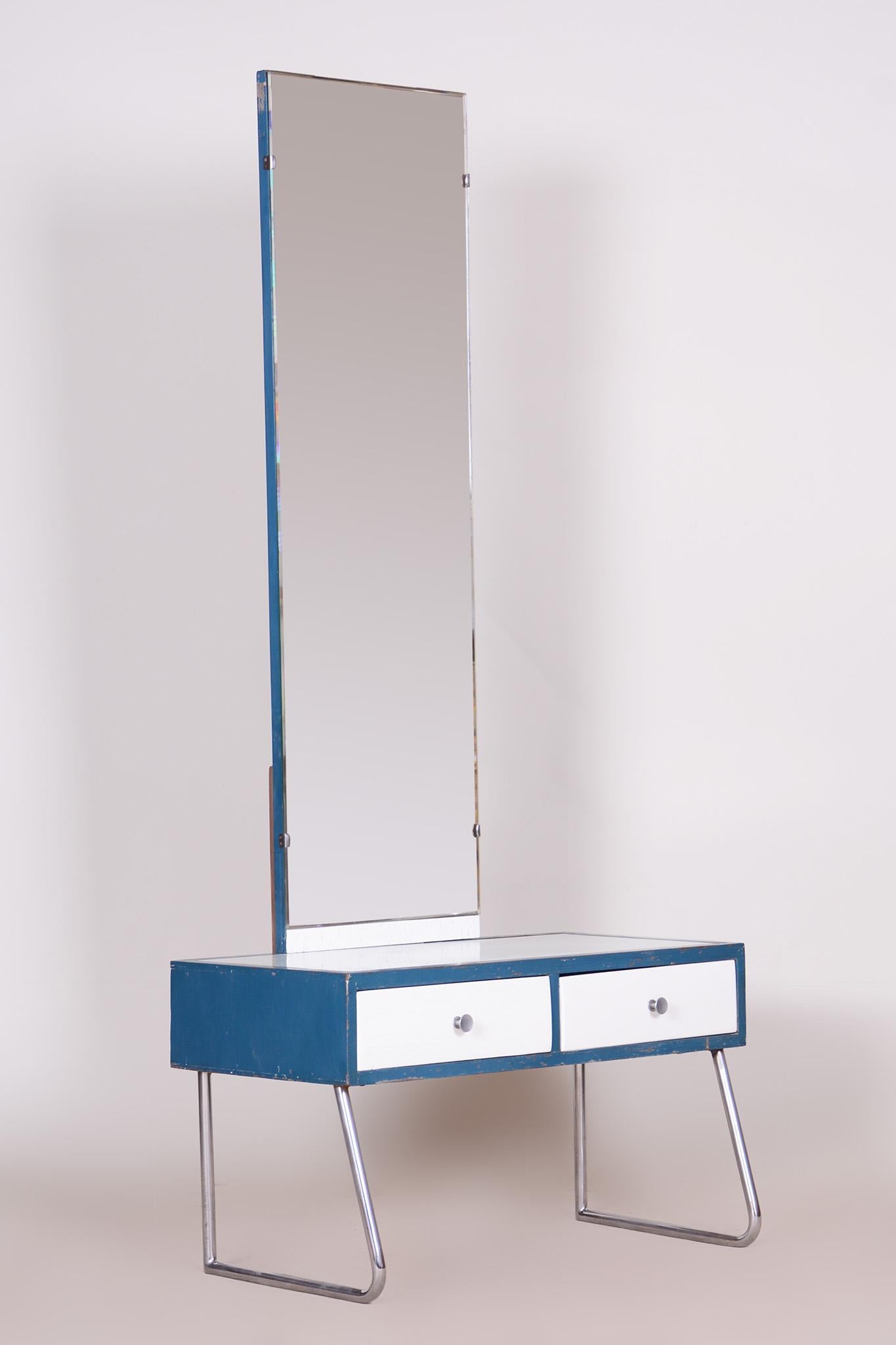 Miroir de chambre Bauhaus en chrome bleu et blanc, fabriqué dans les années 1930, République tchèque, Vichr en vente 3