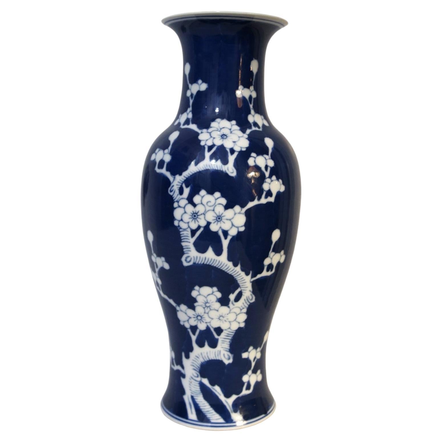 Blue and White Cobalt Baluster Form Prunus Vintage Vase For Sale